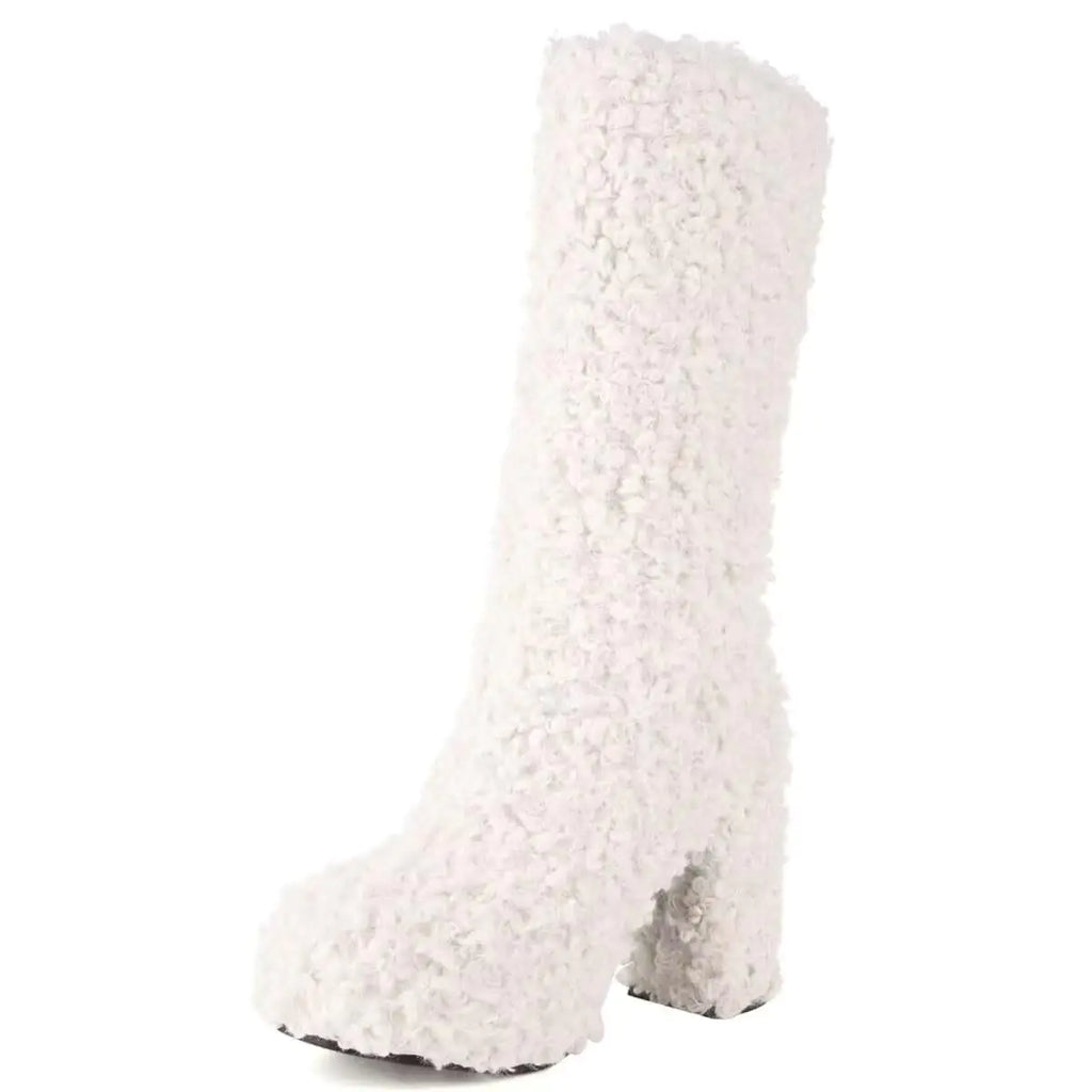 KISSASA Mid Calf Fluffy Furry Boots Warm Platform Chunky High Heel Pull On Boots Fashion Winter Boots White US10