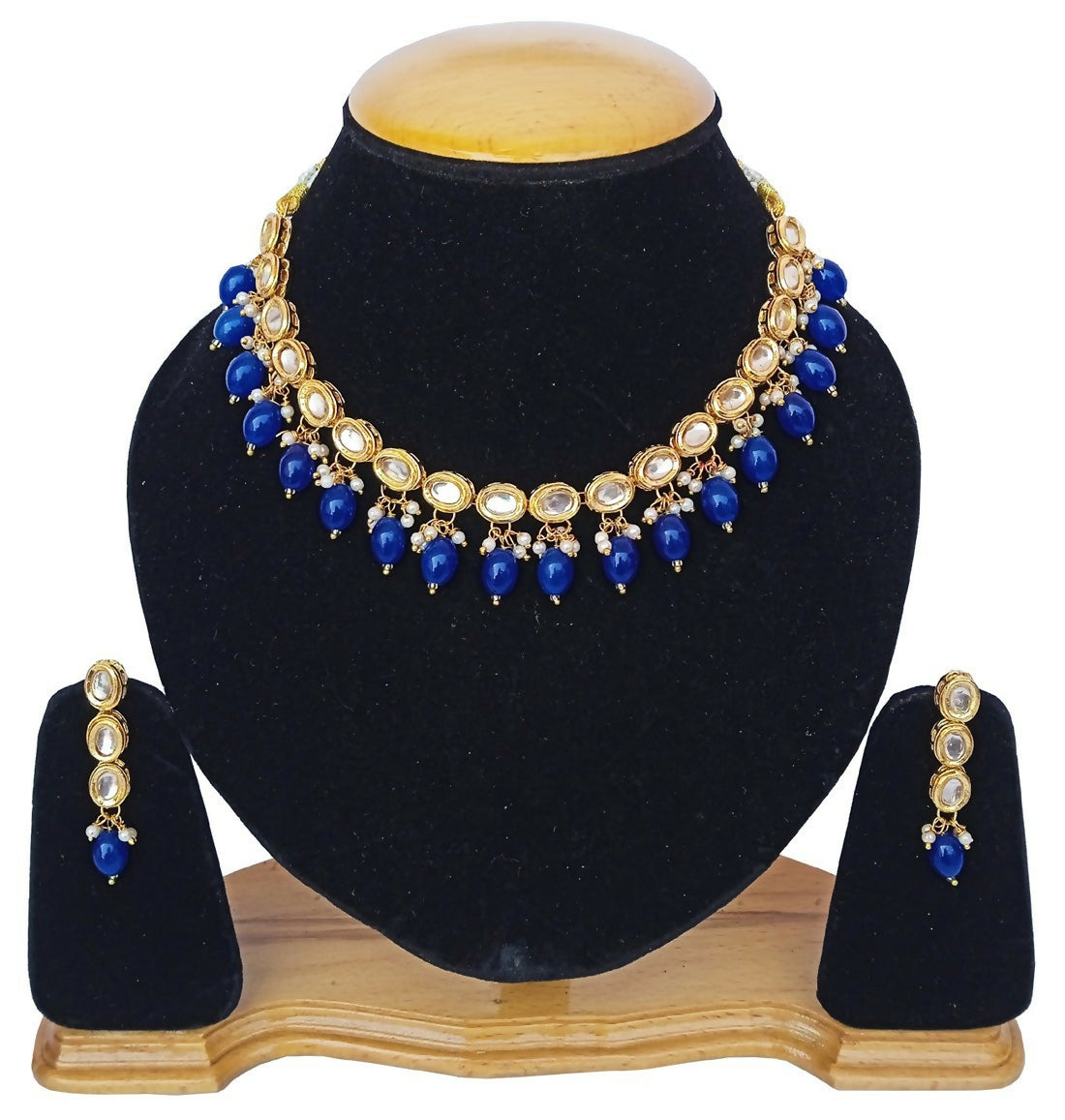 Blue Kundan necklace set with gold plated finish and adjustable cord for festive occasions