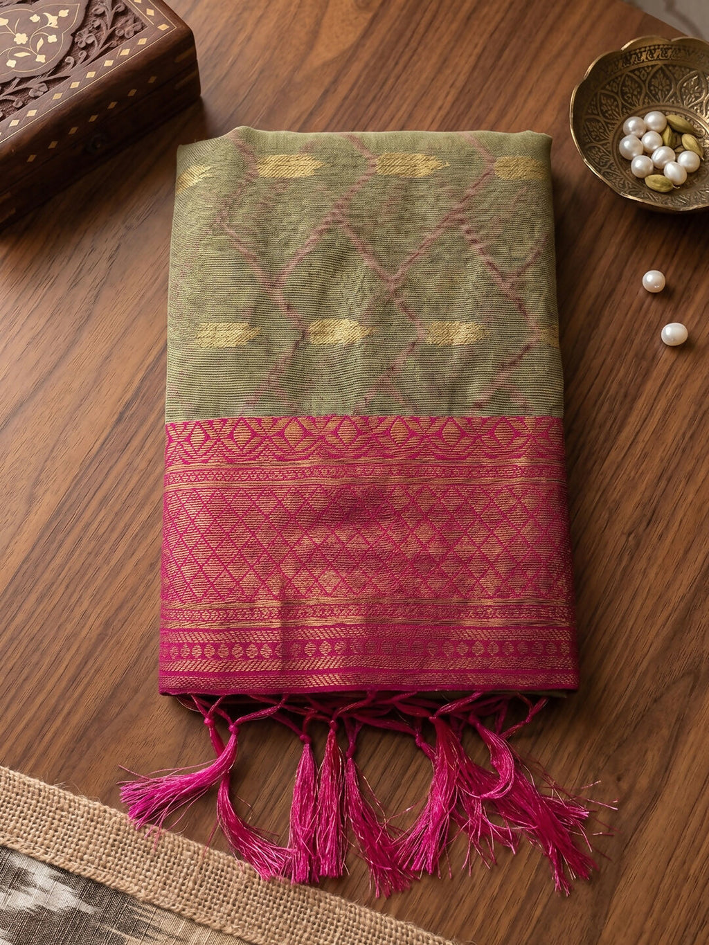 Chiku and Pink Cotton Saree with Matching Blouse Piece