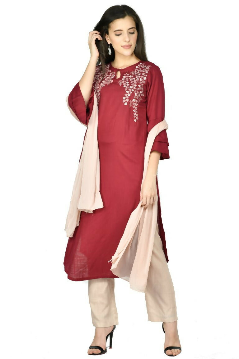 Wine Cotton Rayon Kurta Set – Comfortable 3-Piece Ethnic Wear