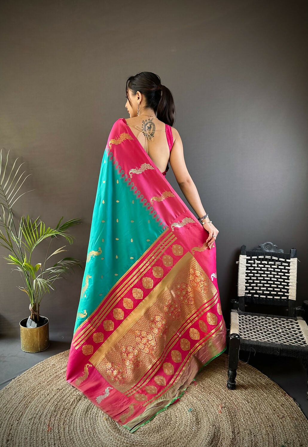 Pink Peacock Butti Banarasi Silk Saree with Unstitched Blouse