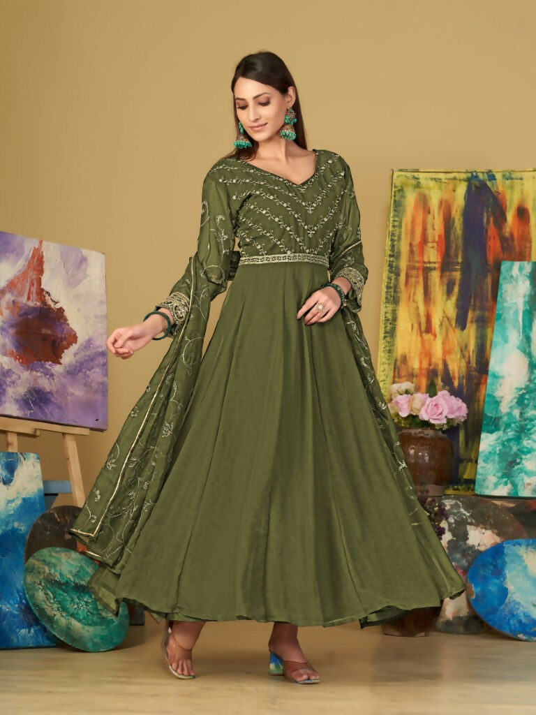 Women's Olive Green Georgette Embroidered Anarkali Kurta Pant Set