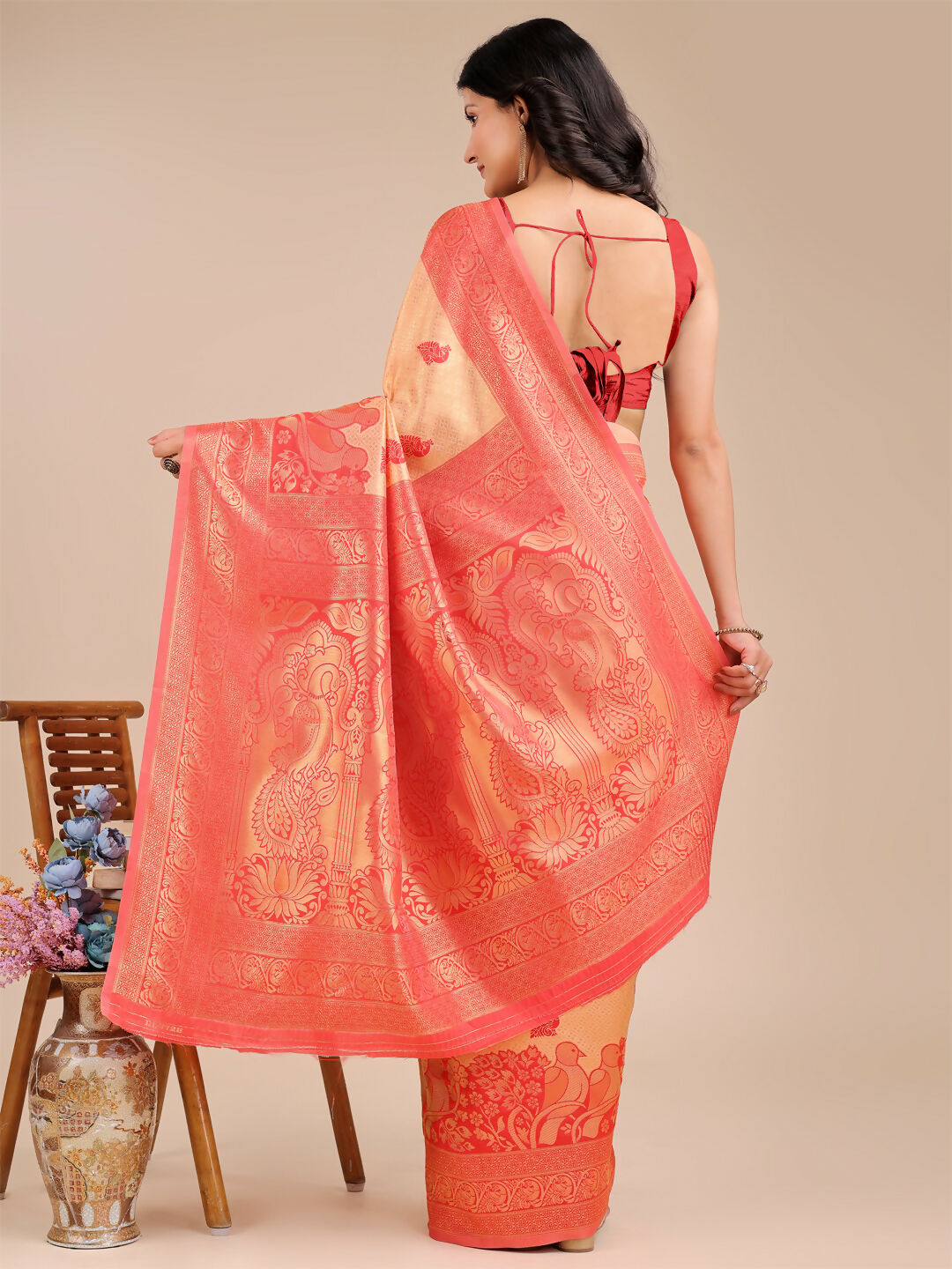 Shree Shyam Fashion Banarasi Silk Cream & Red Saree