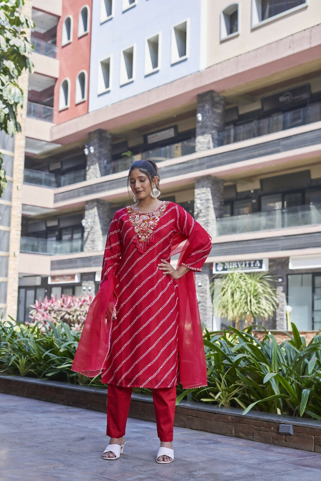 Elegant red pure viscose kurta set with intricate handwork, Jam Satin pants, and Organza dupatta