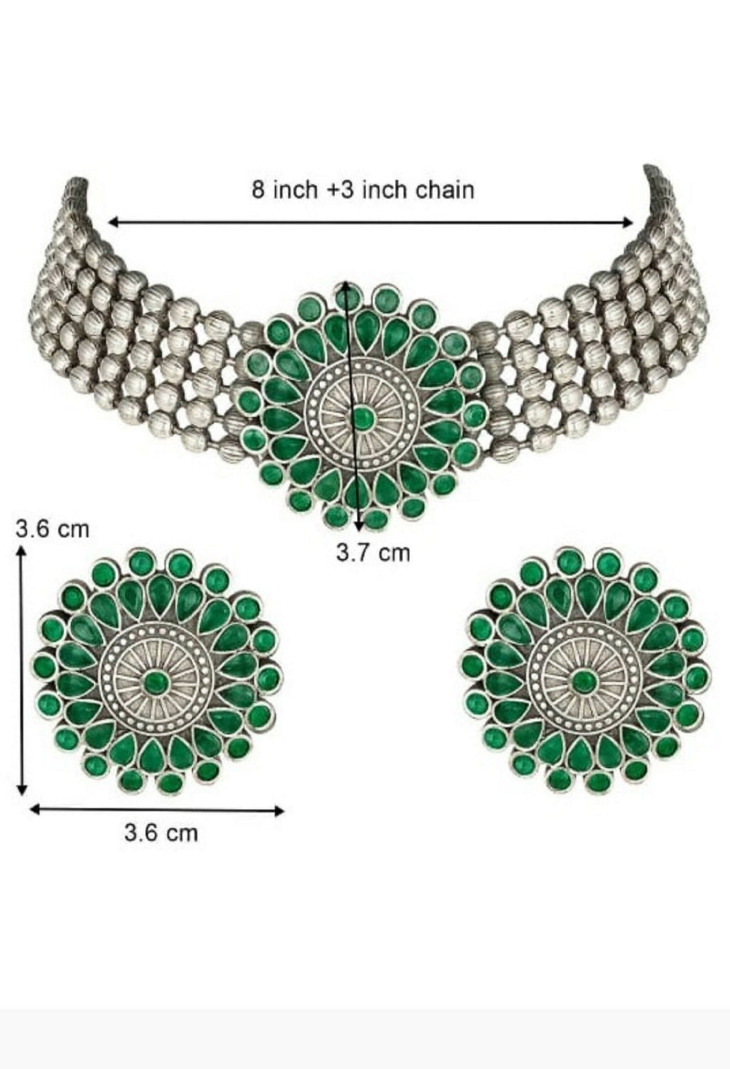 Green Kundan Choker Necklace in Oxidised Silver-Plated Finish