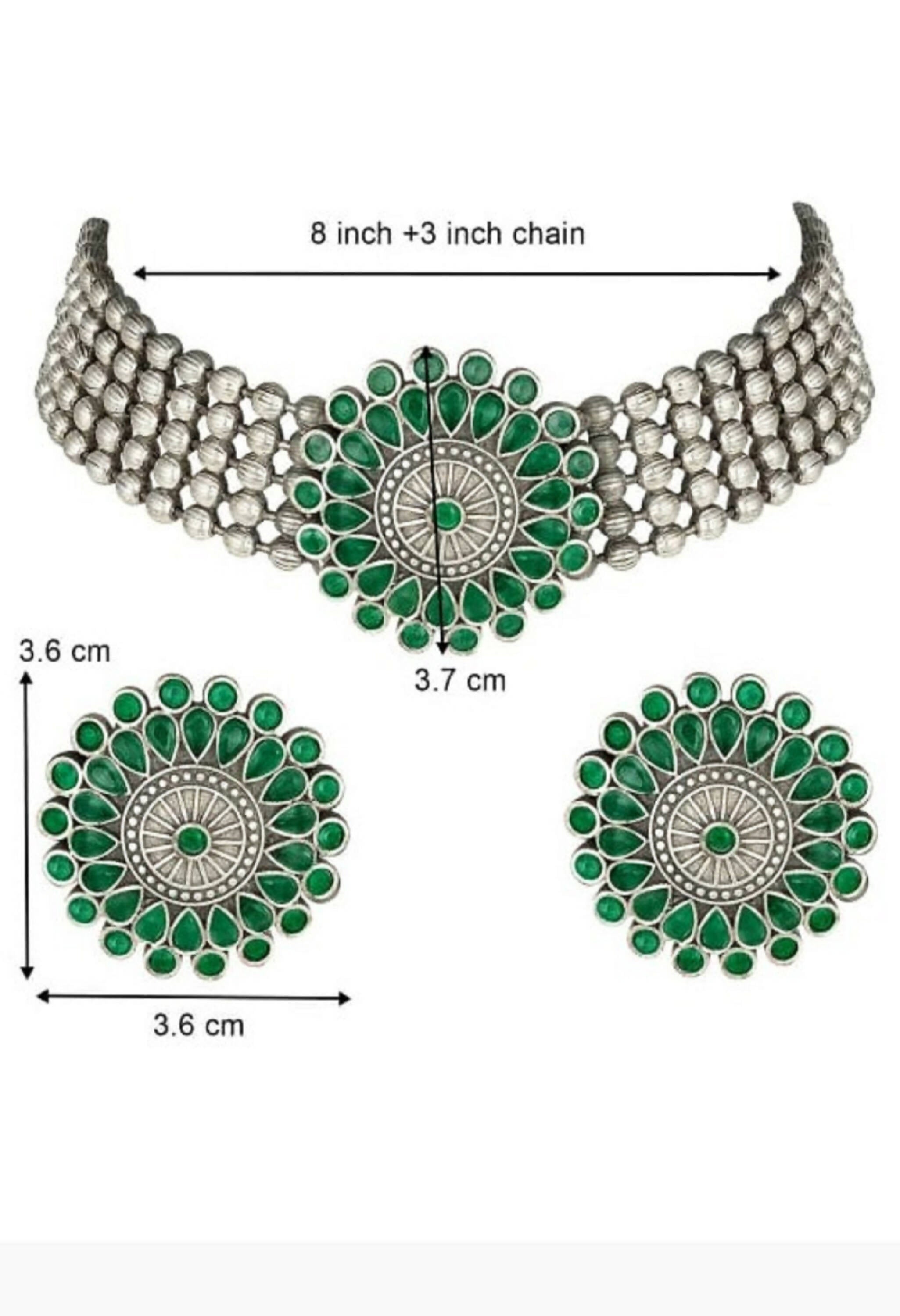 Green Kundan Choker Necklace in Oxidised Silver-Plated Finish