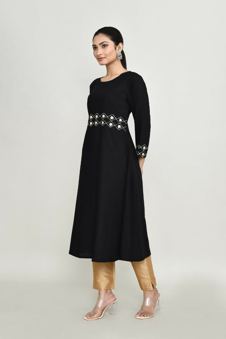 Women's Black Rayon Tunic with Intricate Embroidery