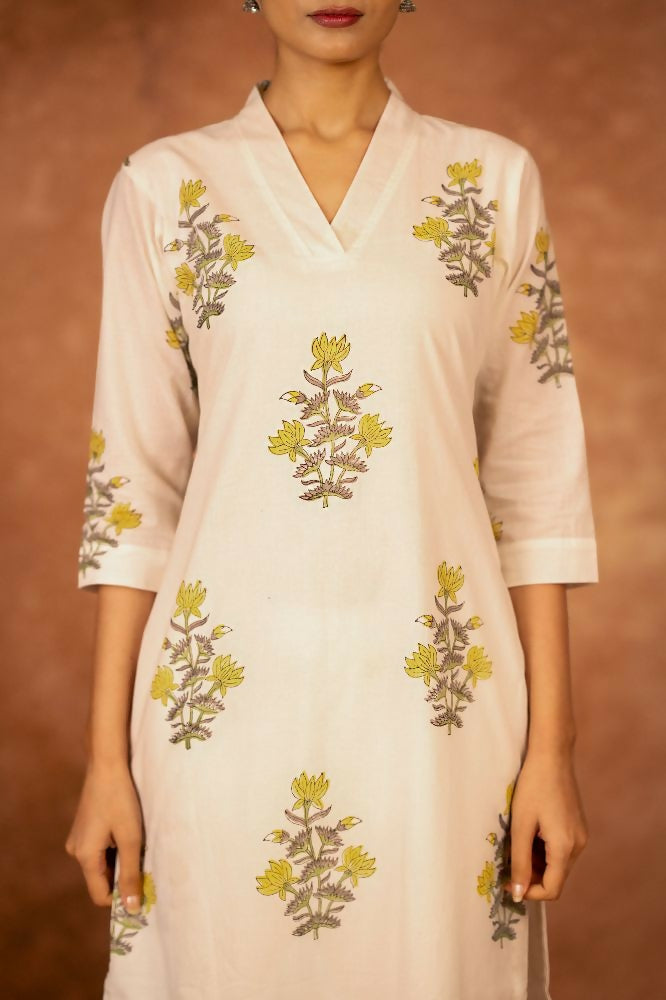 Off White and Yellow Hand Block Printed Cotton Suit Set