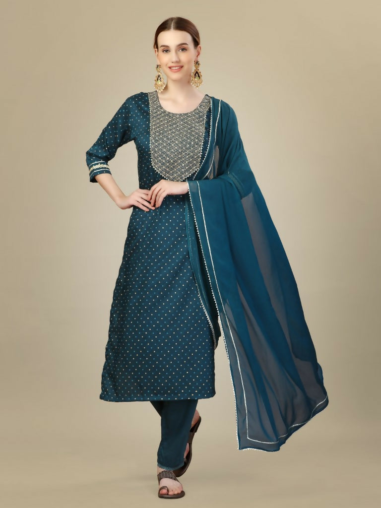 Jyoti Fashion Women's Morpich Silk Blend Embroidery & Sequence work Kurta with Trouser & Dupatta