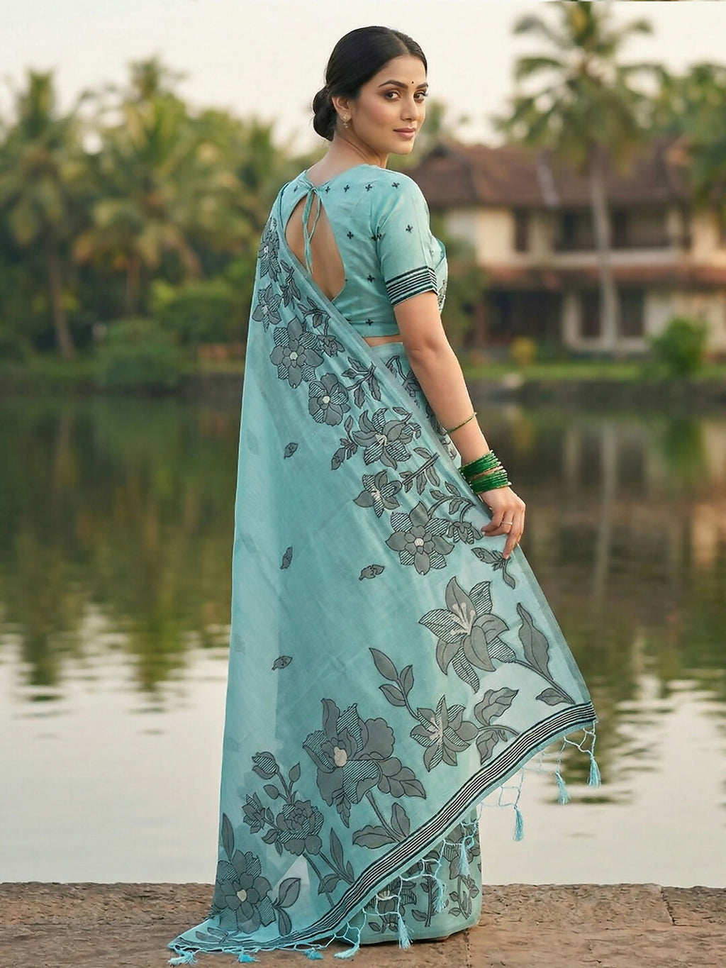 Sea Green Linen Cotton Saree with Matching Blouse