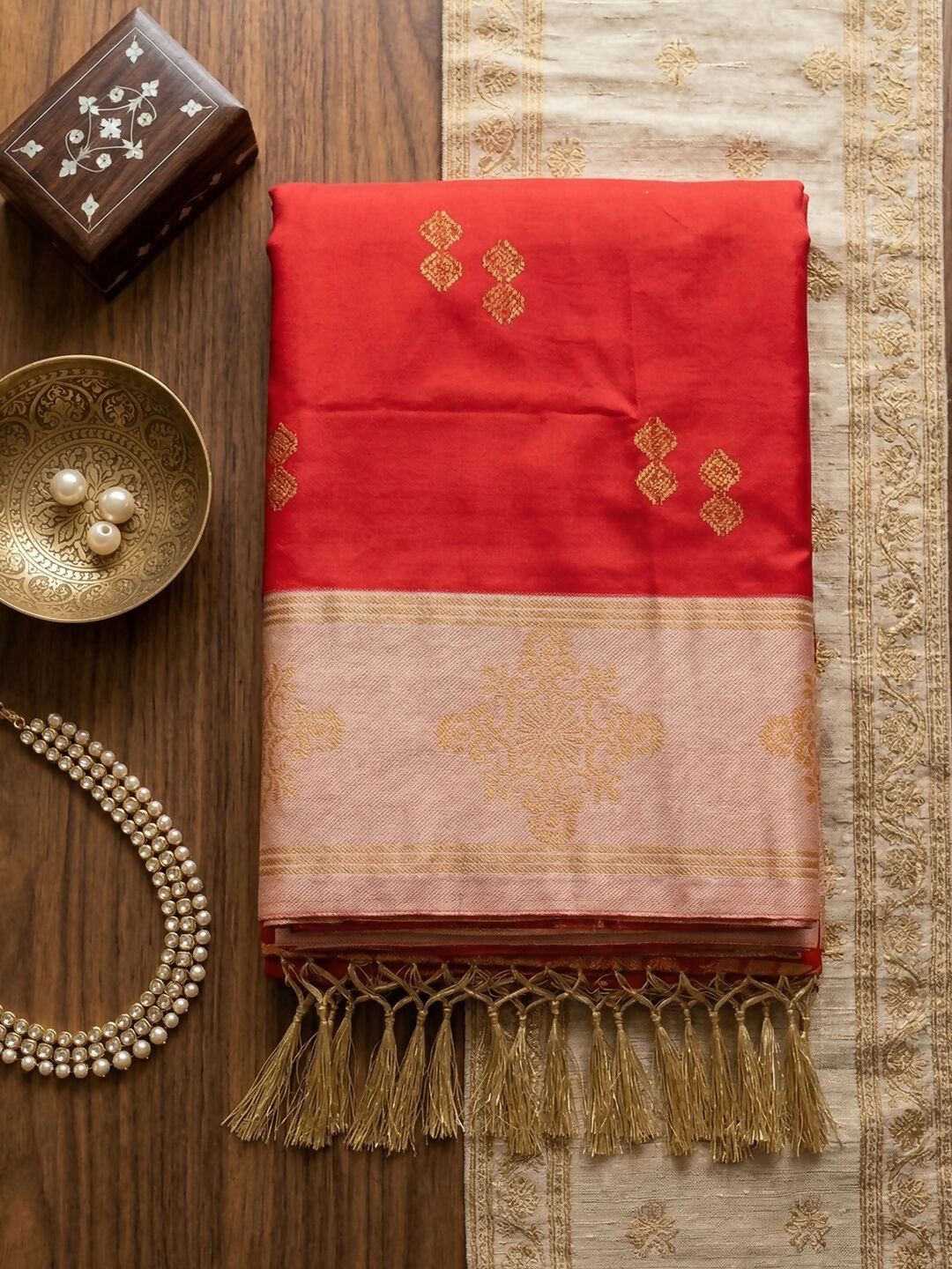 Red Soft Silk Saree with Contrast Peach Blouse for Elegant Events