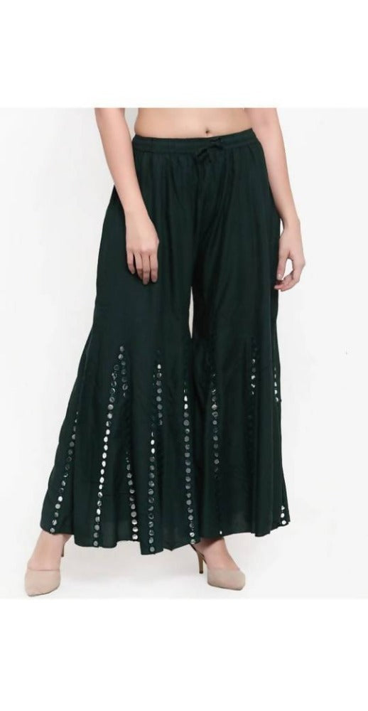 Bottle green palazzo pants adorned with detailed mirror work