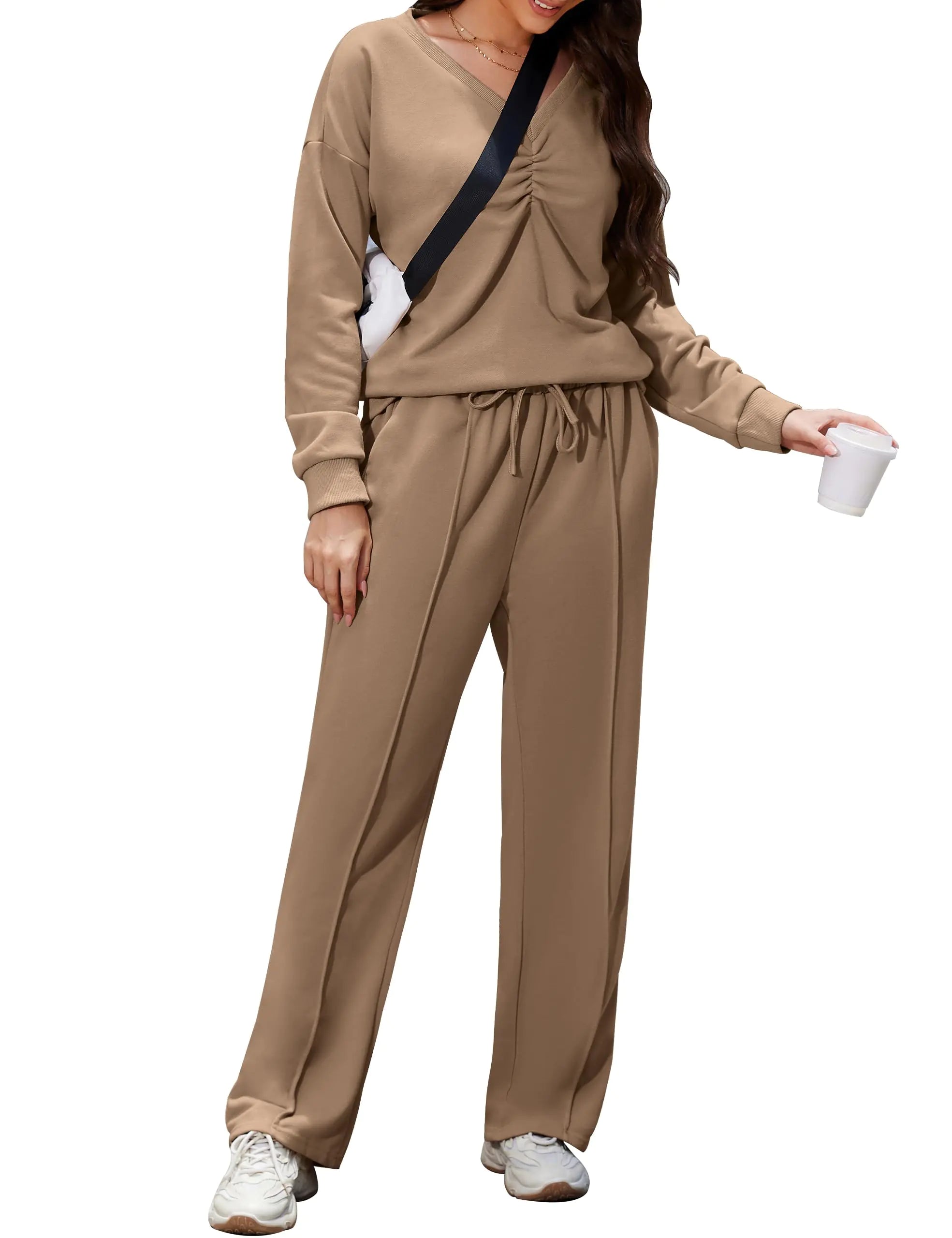 LUOFEN Womens Sweatsuits 2 Piece Set V Neck Sweatshirt 2024 Fall Fashion Track Suits Wide Leg Sweatpants