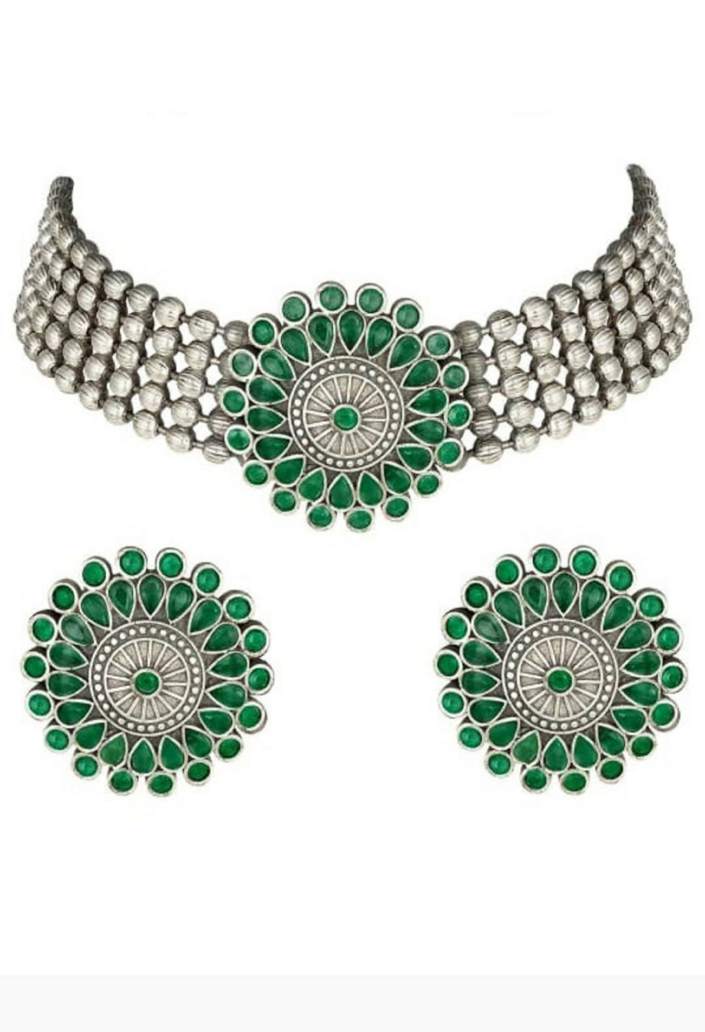 Green Kundan choker necklace with oxidised silver-plated brass finish