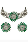 Green Kundan choker necklace with oxidised silver-plated brass finish