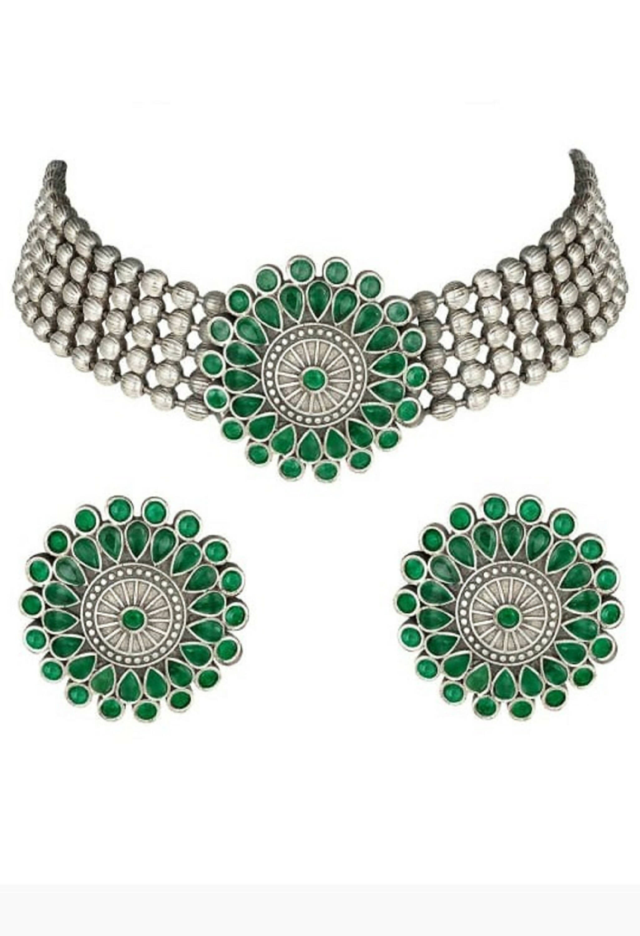 Green Kundan choker necklace with oxidised silver-plated brass finish