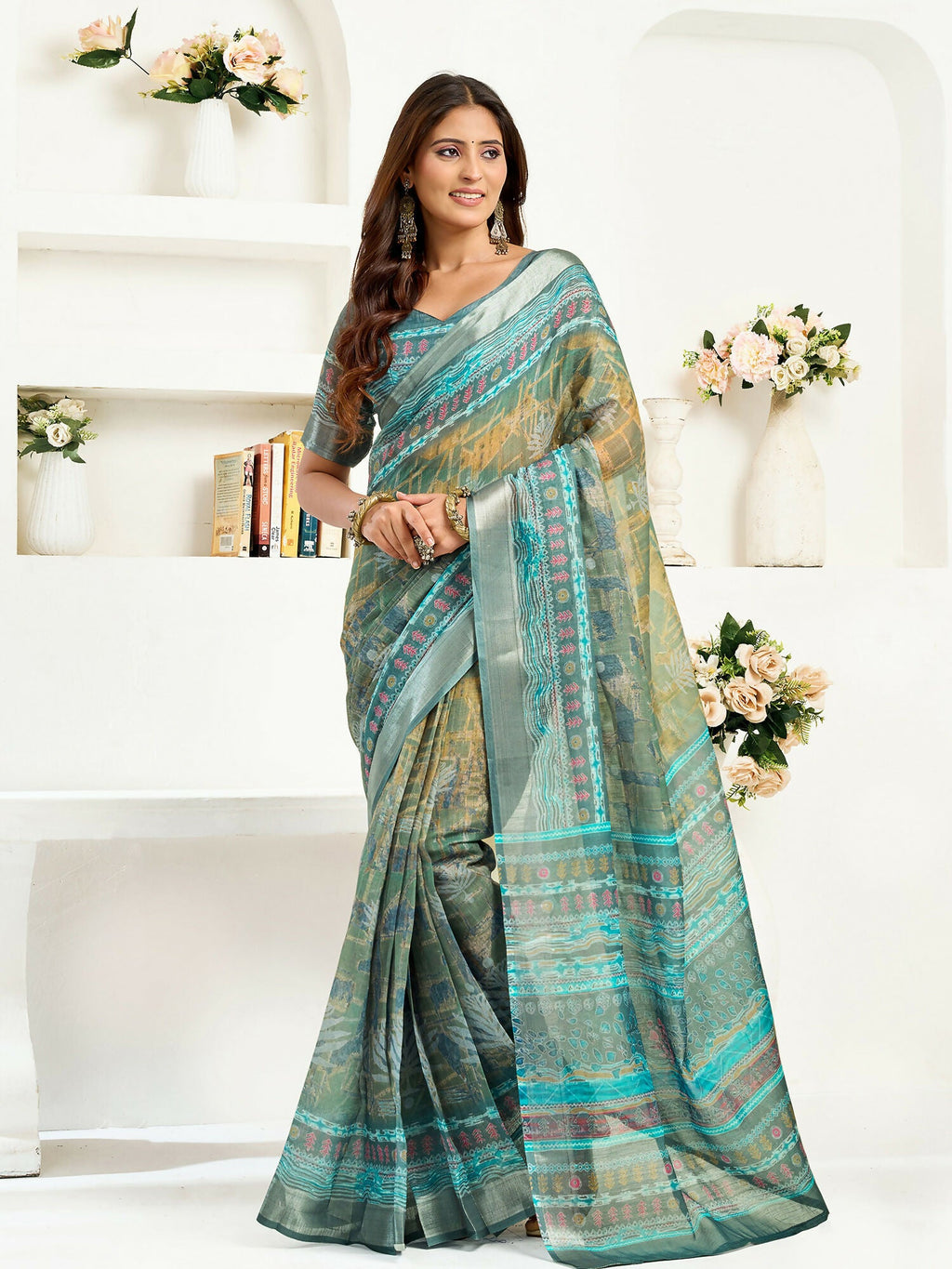 Petrol linen ready-to-wear saree with ethnic motifs and unstitched blouse piece