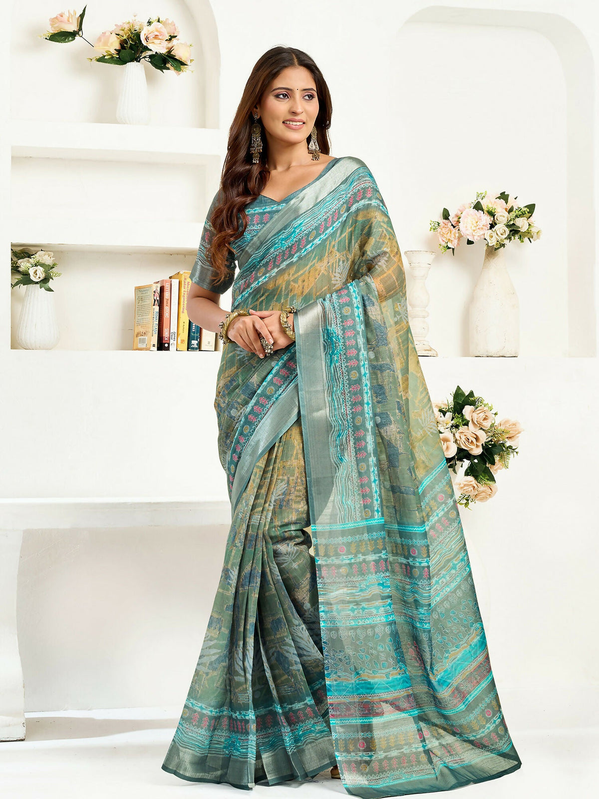 Petrol linen ready-to-wear saree with ethnic motifs and unstitched blouse piece
