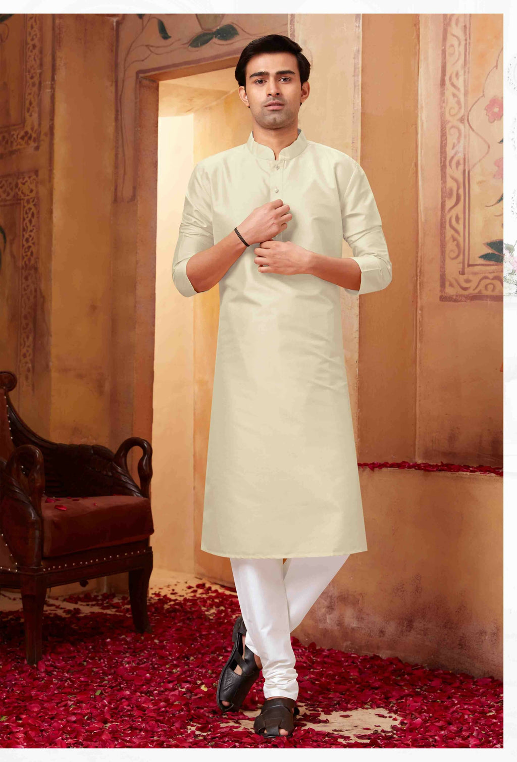 Off white art silk kurta pyjama set for baby and toddler boys