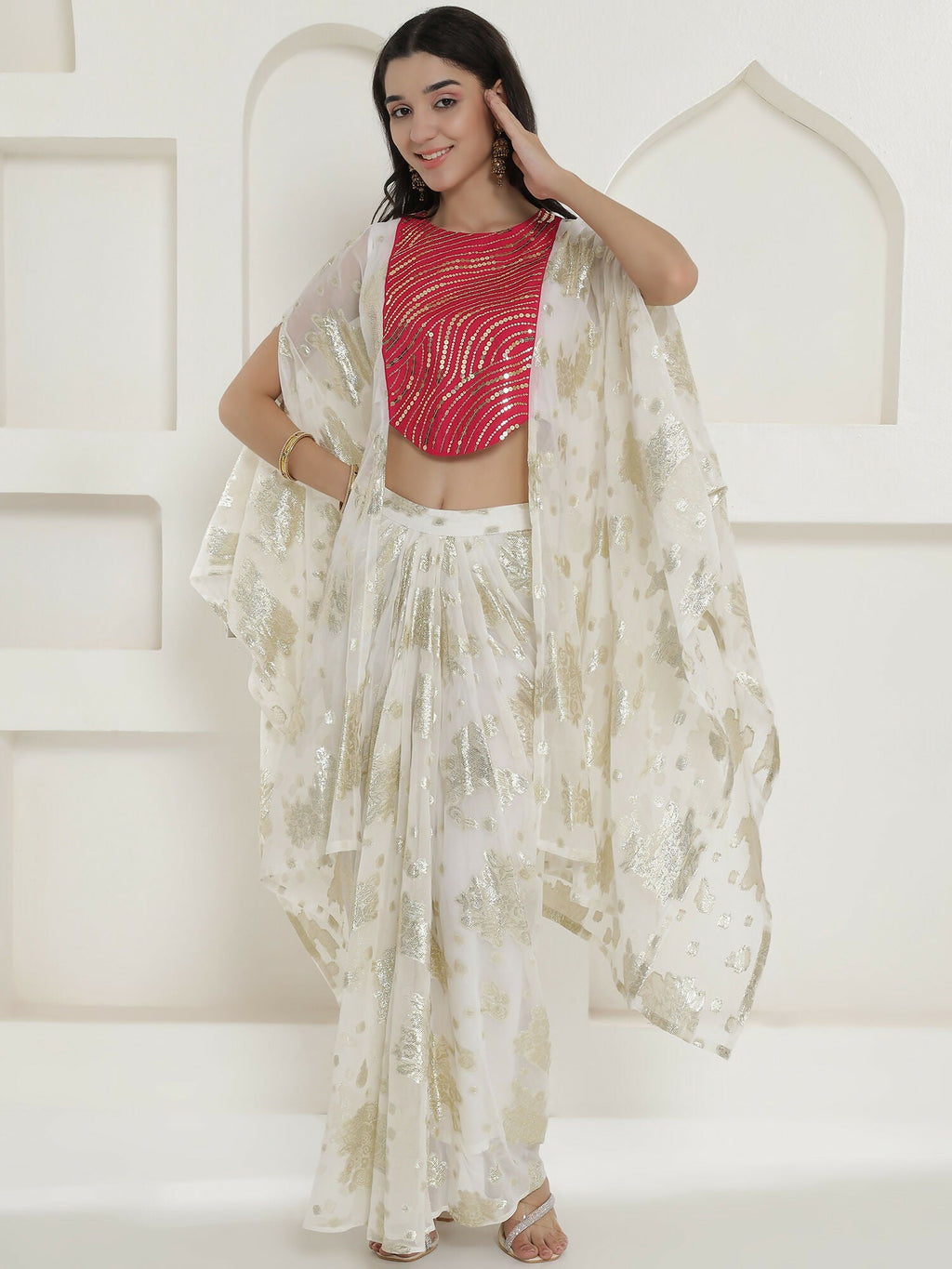 White & Pink Kaftaan with Skirt Set - Hand Embellished Chinnon