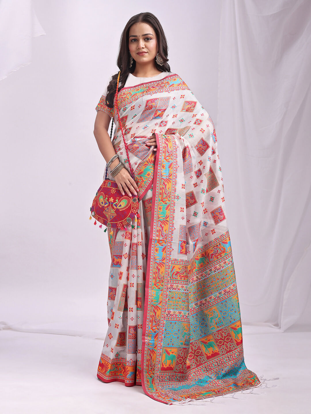 White Linen Cotton Saree with Elegant Woven Work & Blouse Piece