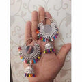 Multicolor beaded jhumki earrings with silver-toned finish in bohemian ethnic style