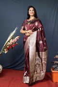 Elegant brown Paithani silk saree with intricate gold Zari woven border and matching blouse