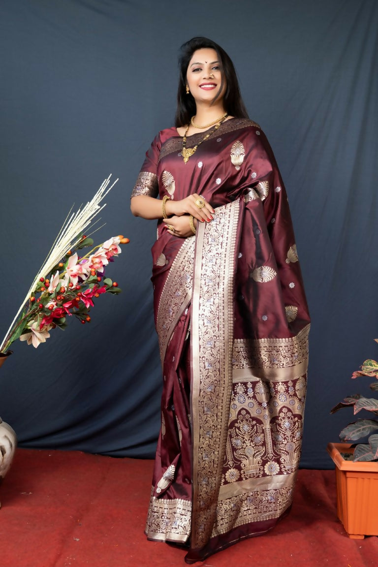 Elegant brown Paithani silk saree with intricate gold Zari woven border and matching blouse