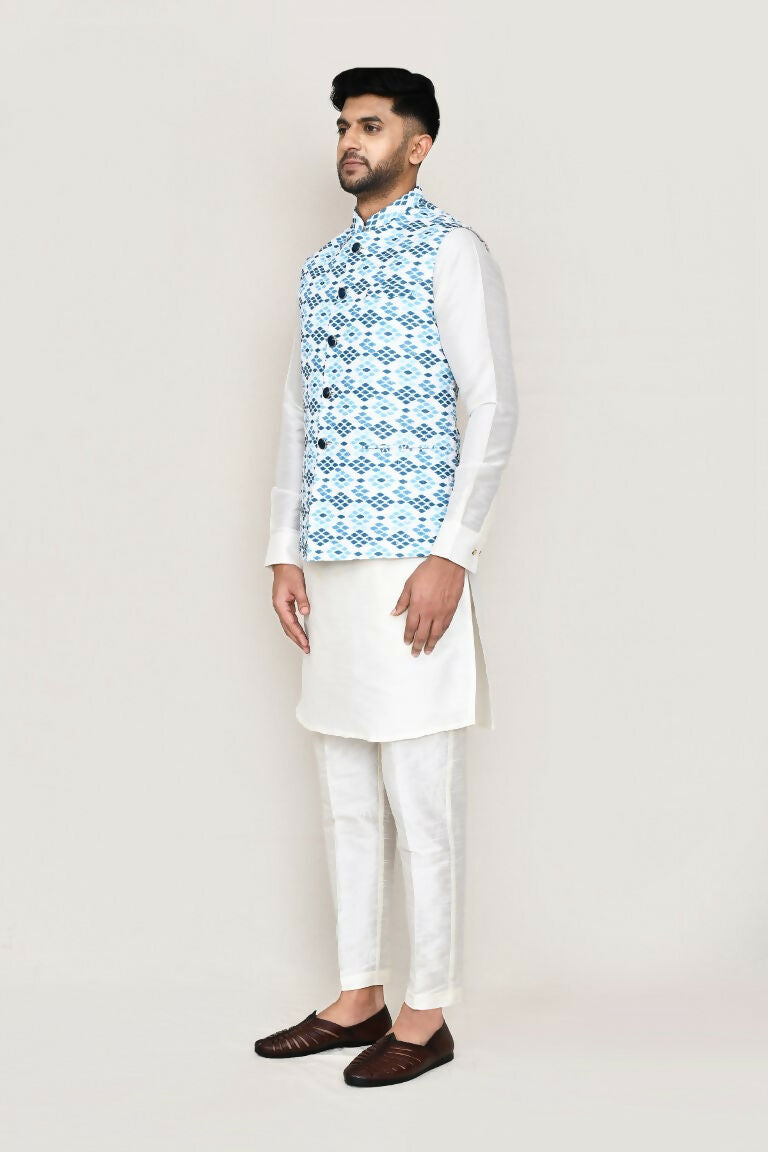 White Art Silk Kurta Set with Jacket and Straight Fit Pants