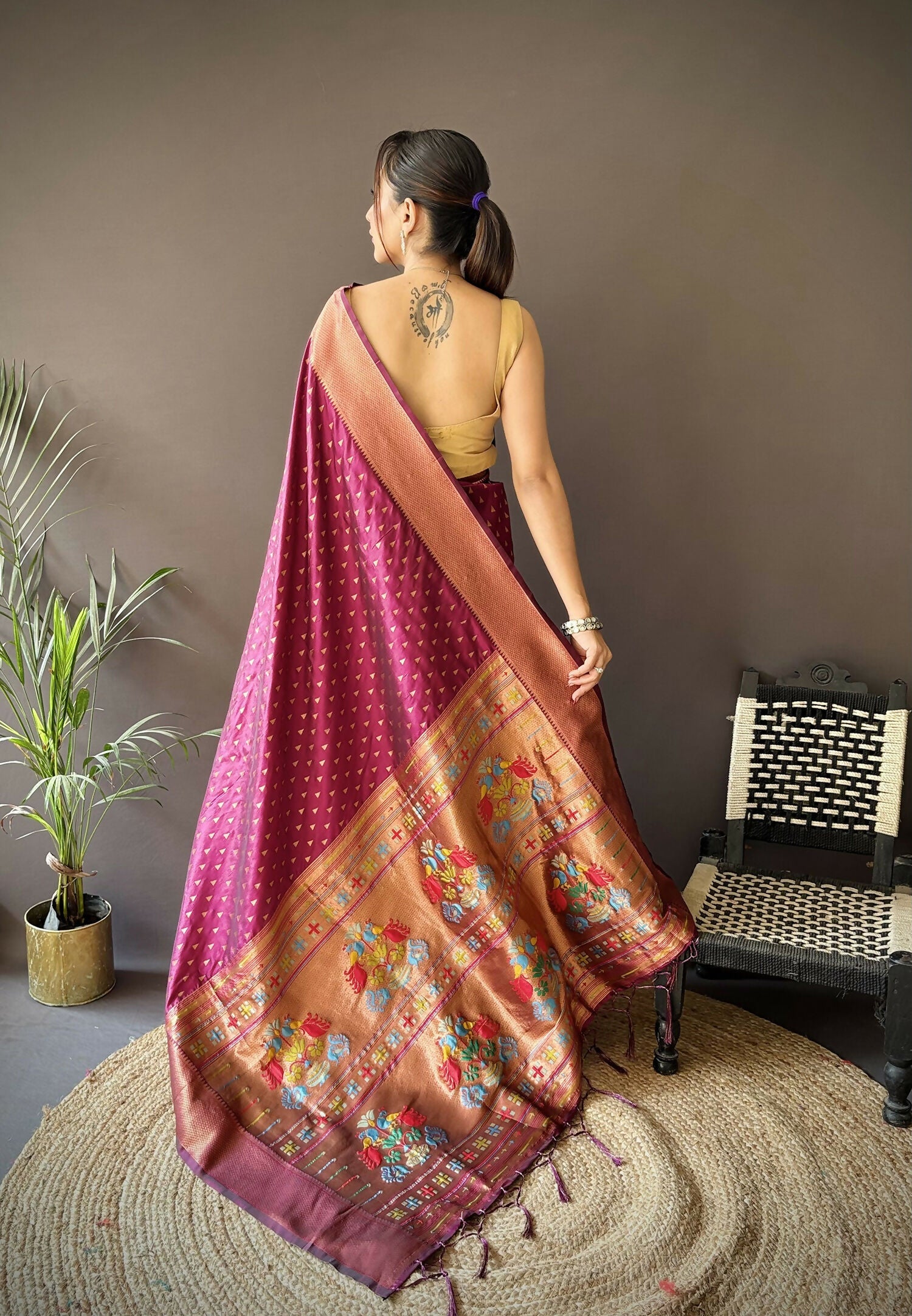 Maroon Jacquard Butti Soft Lichi Silk Paithani Saree