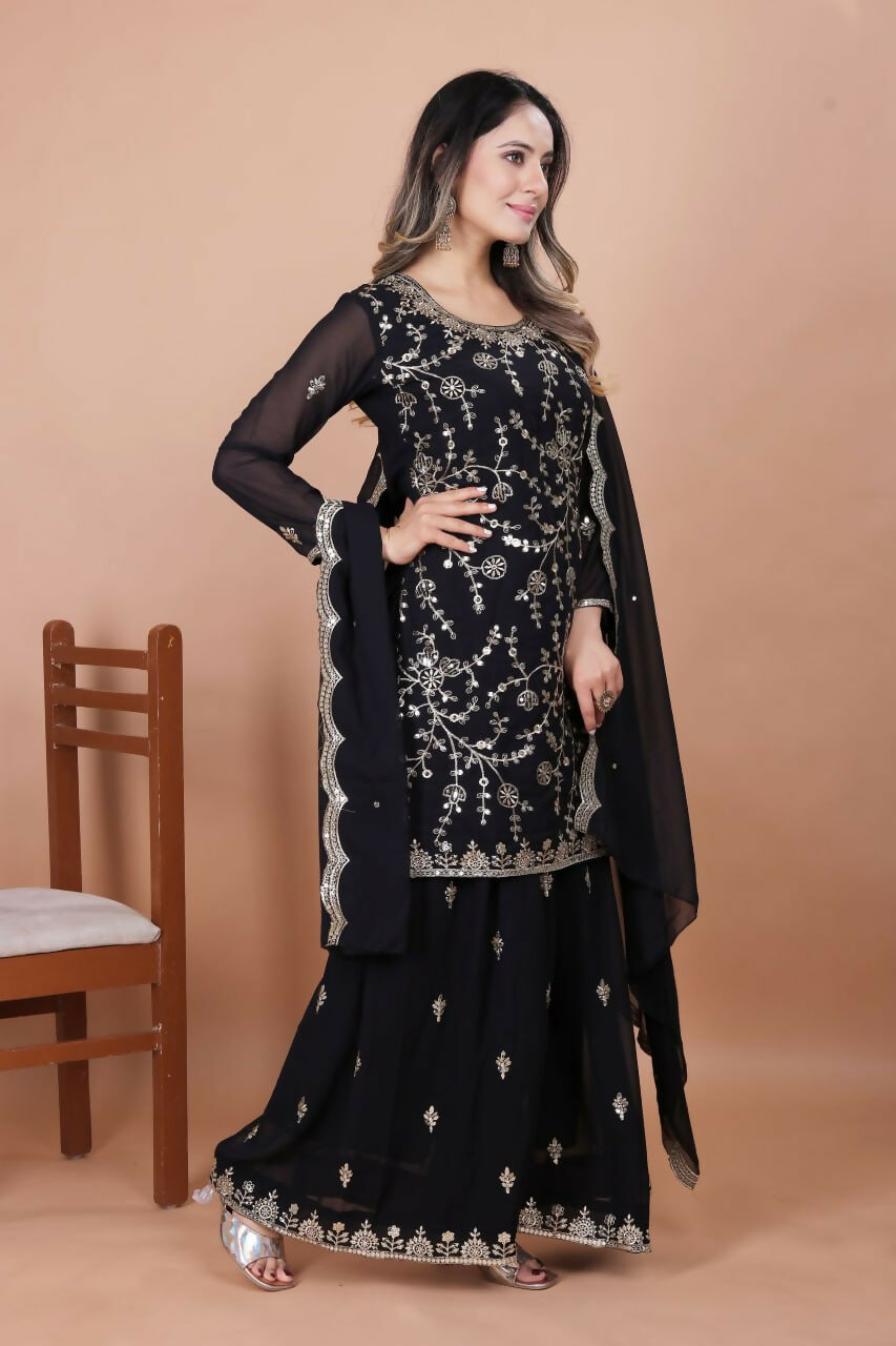 Black Georgette Embroidered Sharara Set for Festive Occasions