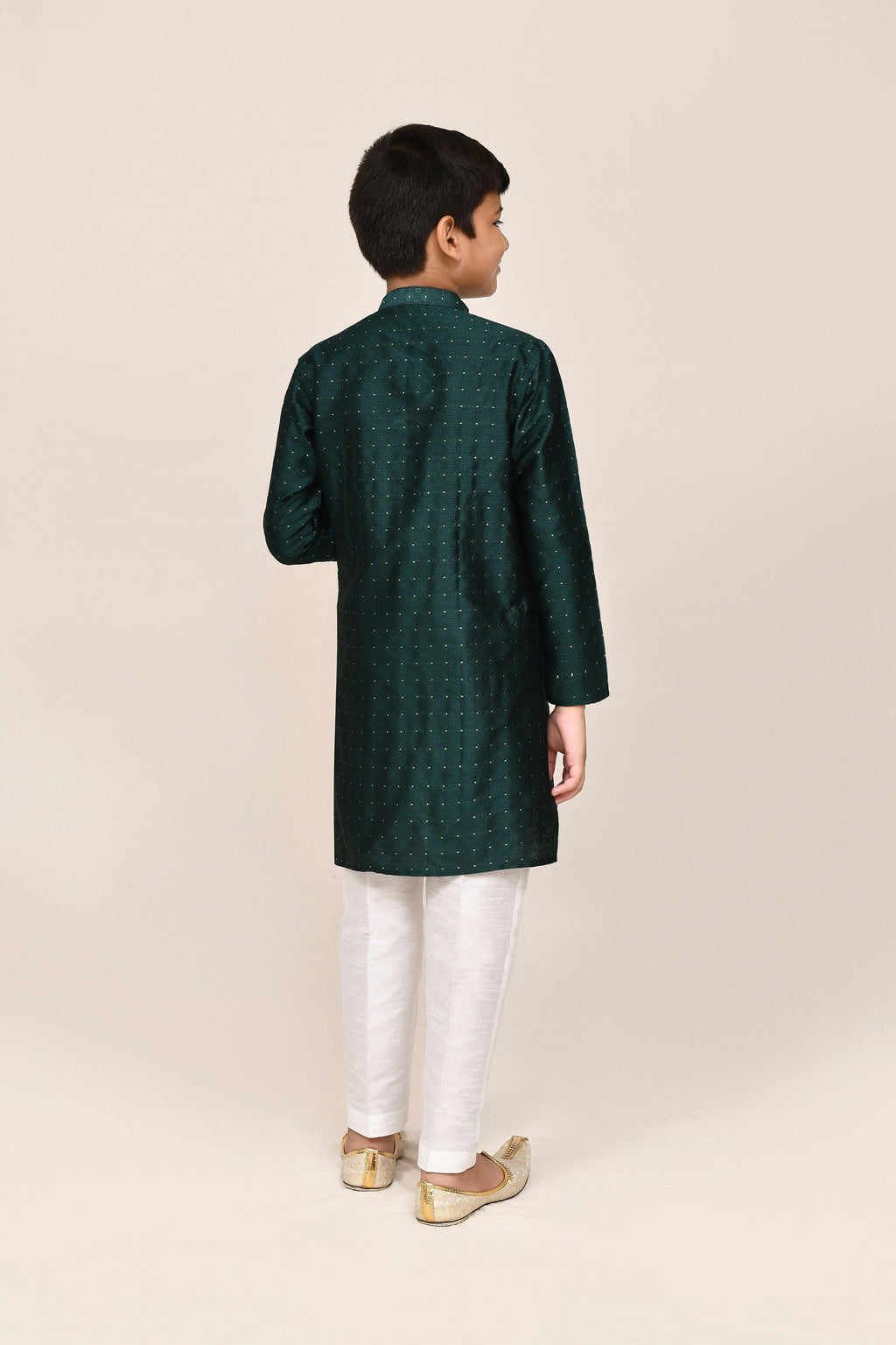 Bottle Green Jacquard Silk Kurta with White Straight Fit Pant