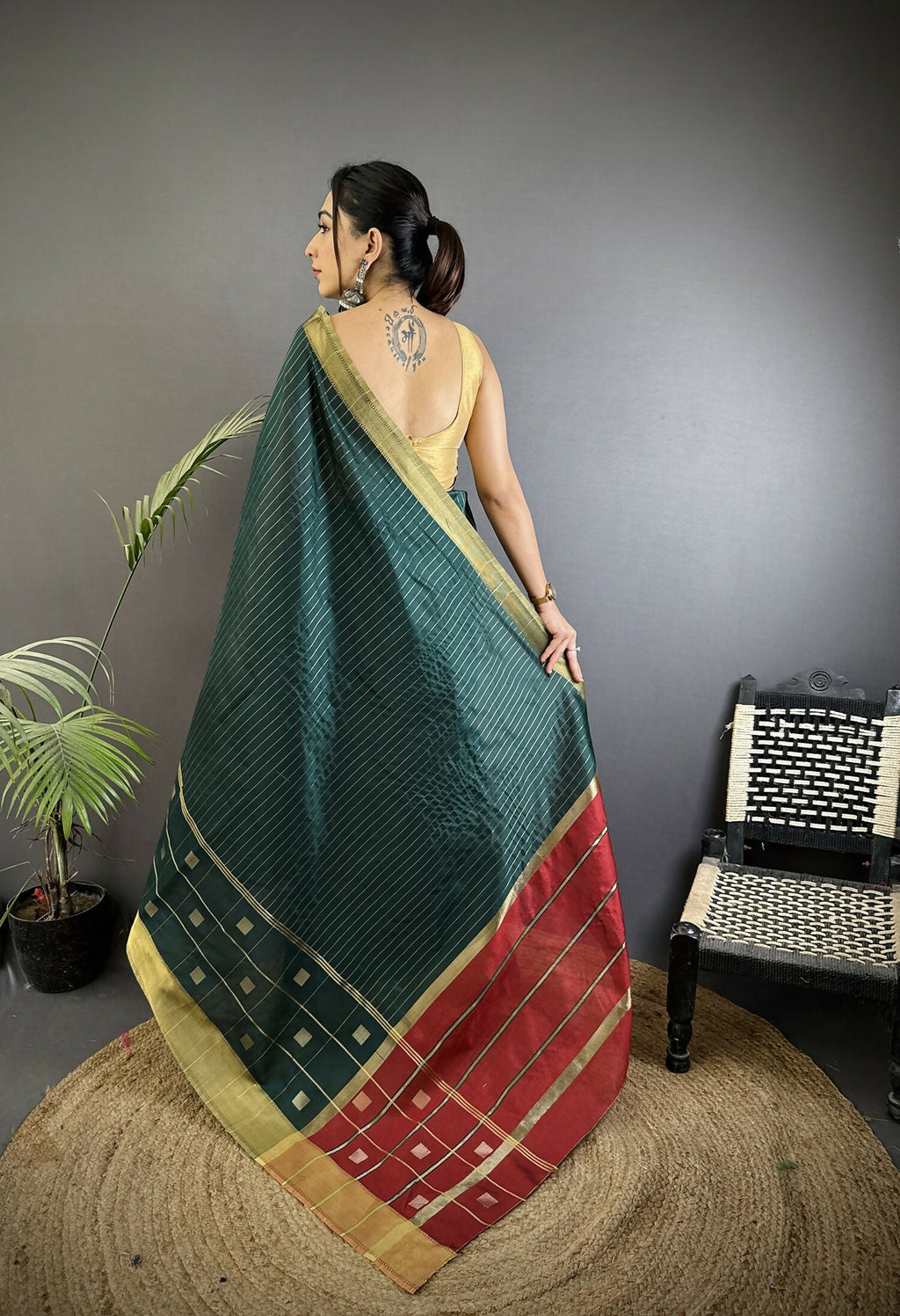 Teal Bhagalpuri Cotton Silk Striped Box Pattern Saree