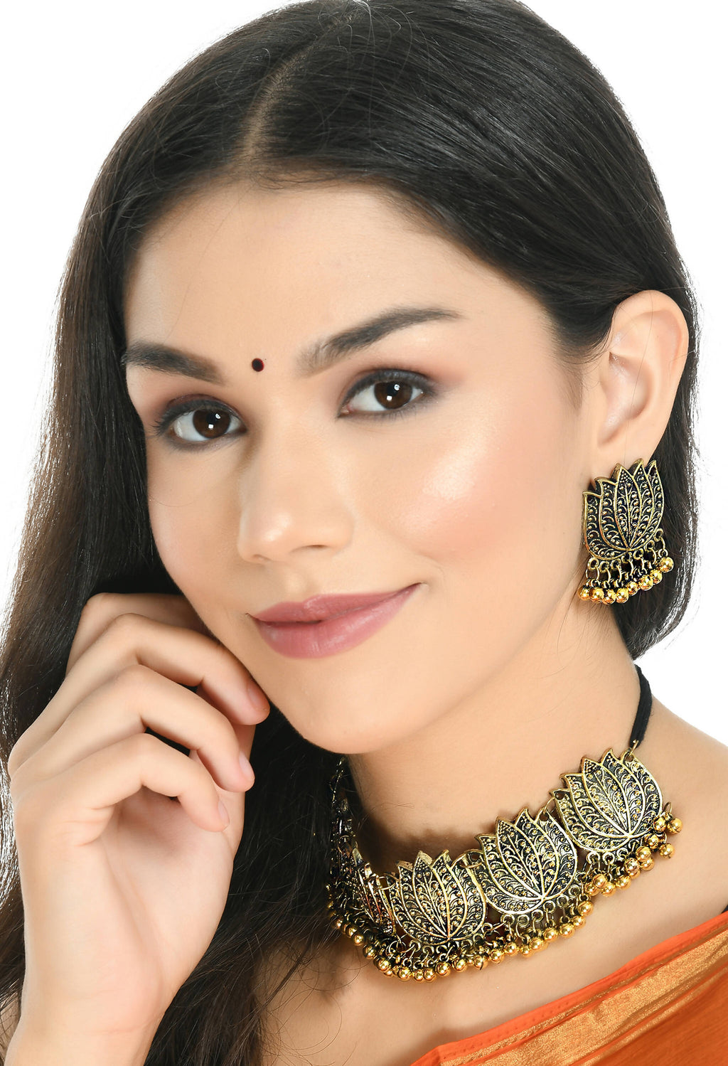 Gold-Polished Brass Lotus Design Choker Statement Necklace