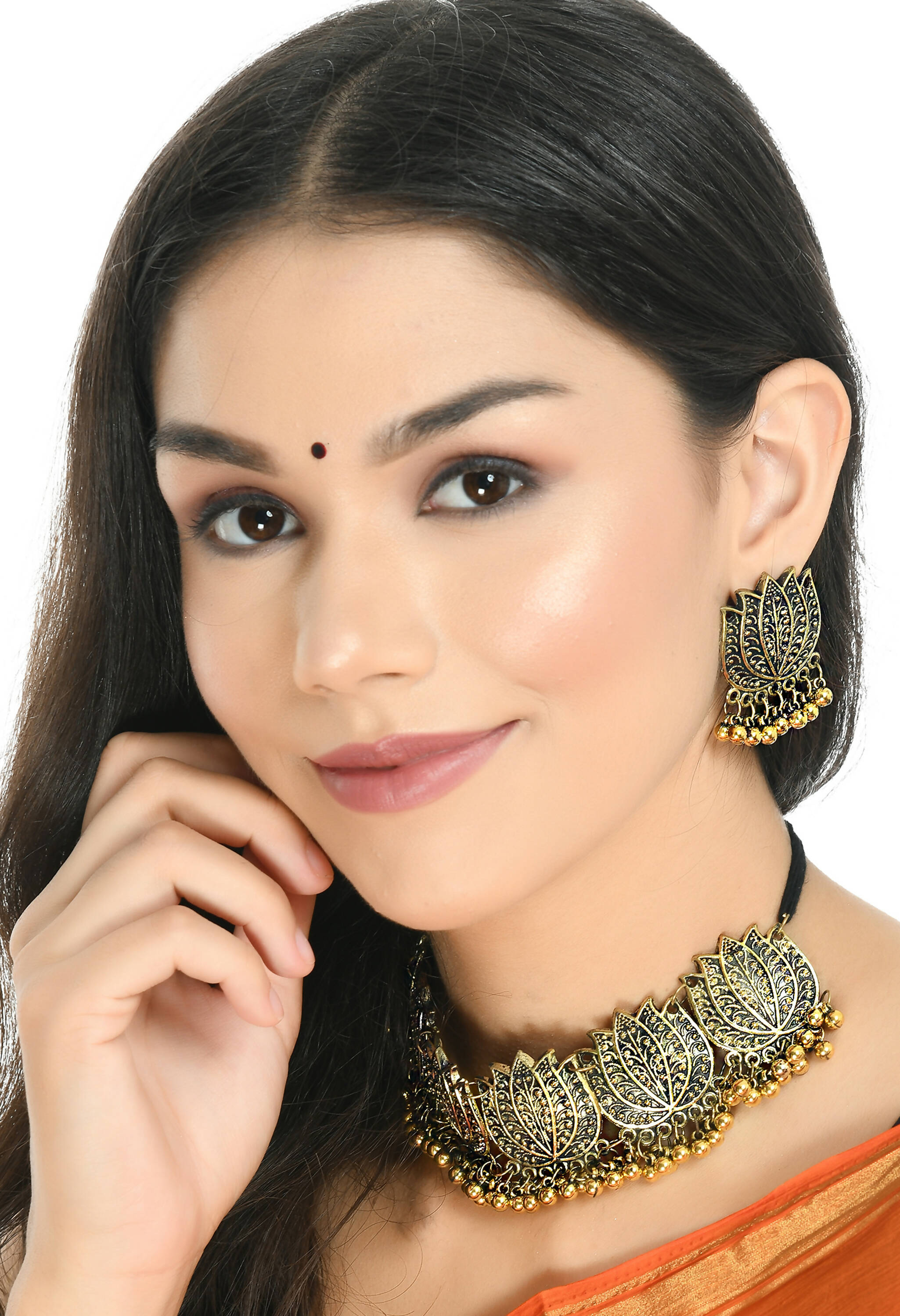 Gold-Polished Brass Lotus Design Choker Statement Necklace