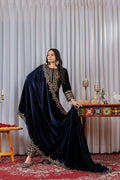 Navy blue velvet kurta set with sequence embroidery details