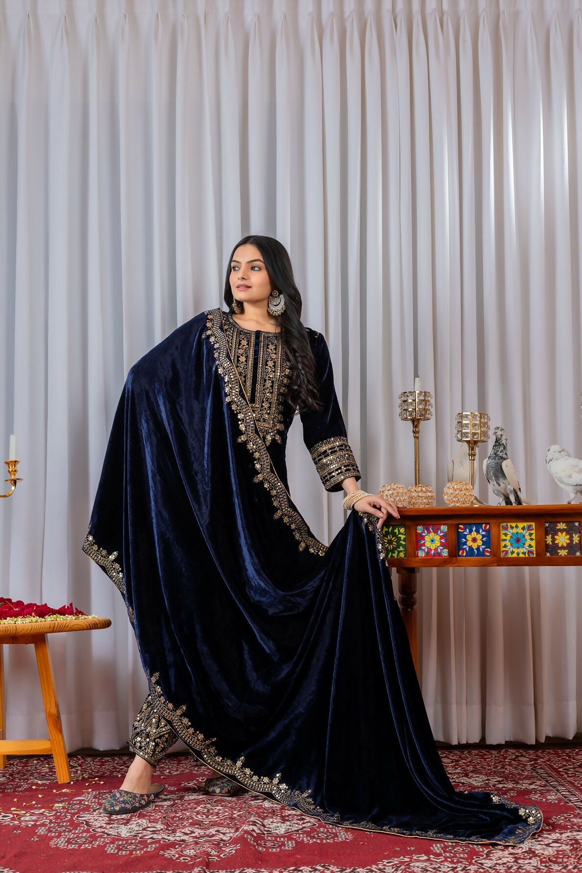 Navy blue velvet kurta set with sequence embroidery details