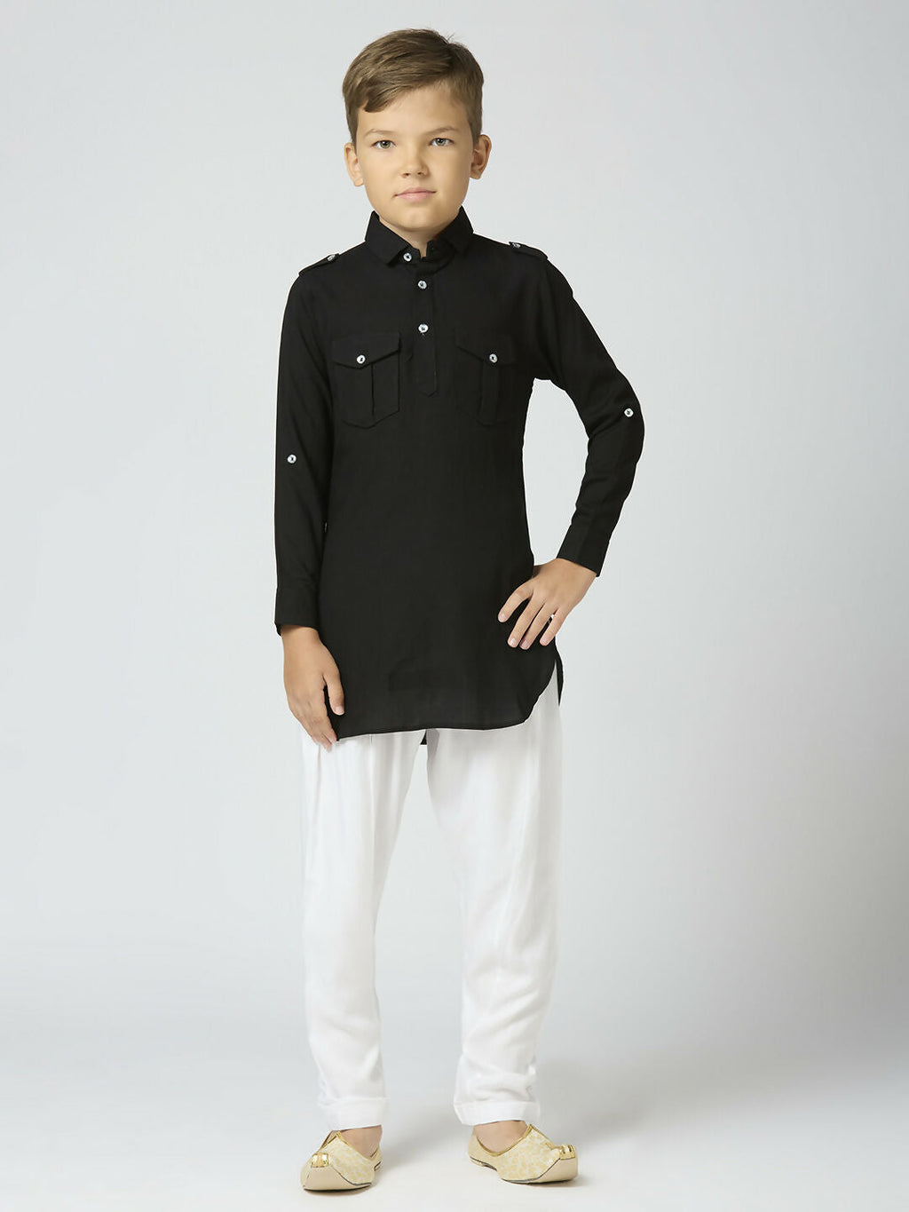 Boys Black Cotton Pathani Kurta and Pyjama Set