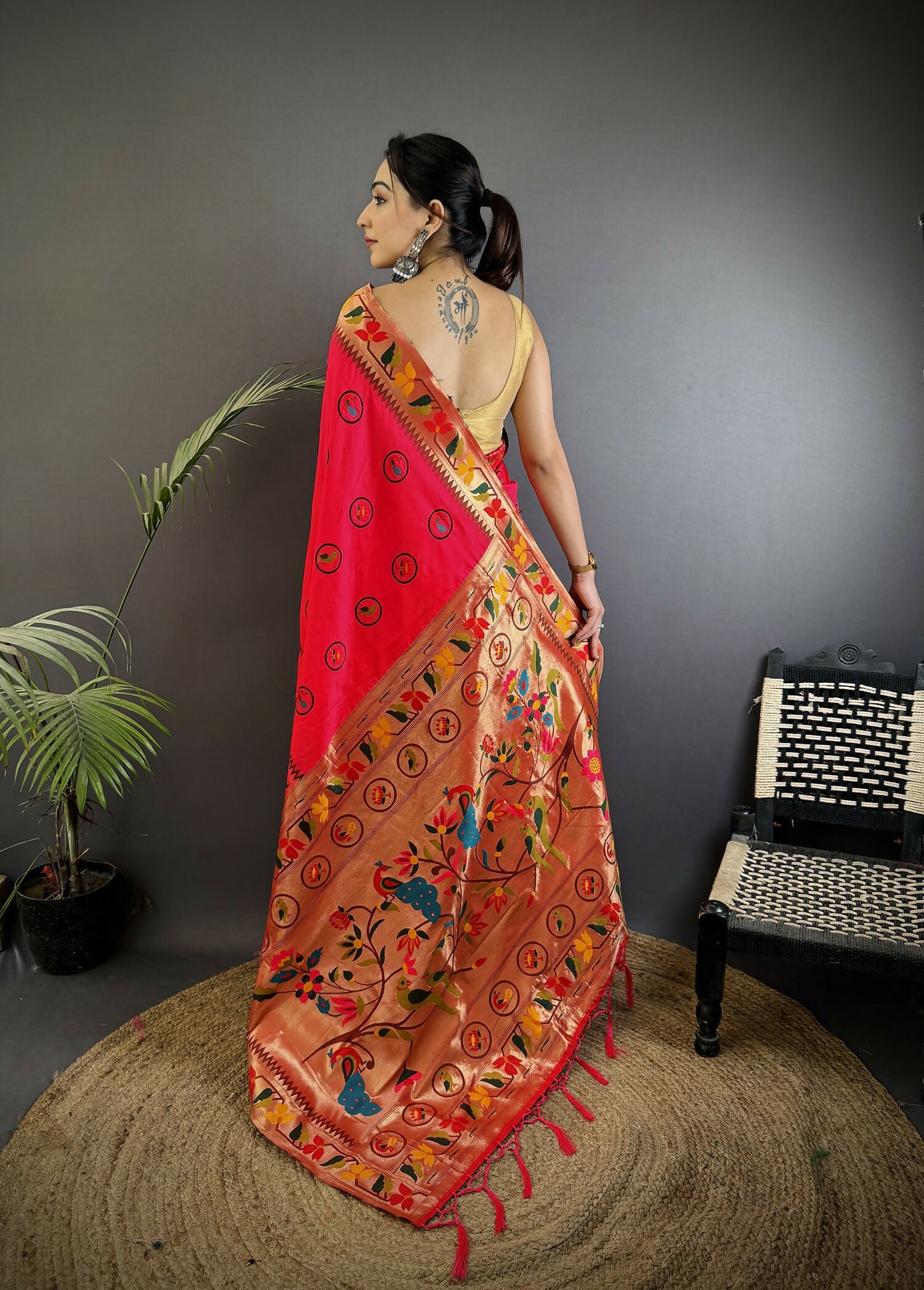 Joban Fashion Red Paithani Soft Silk Meenakari Saree