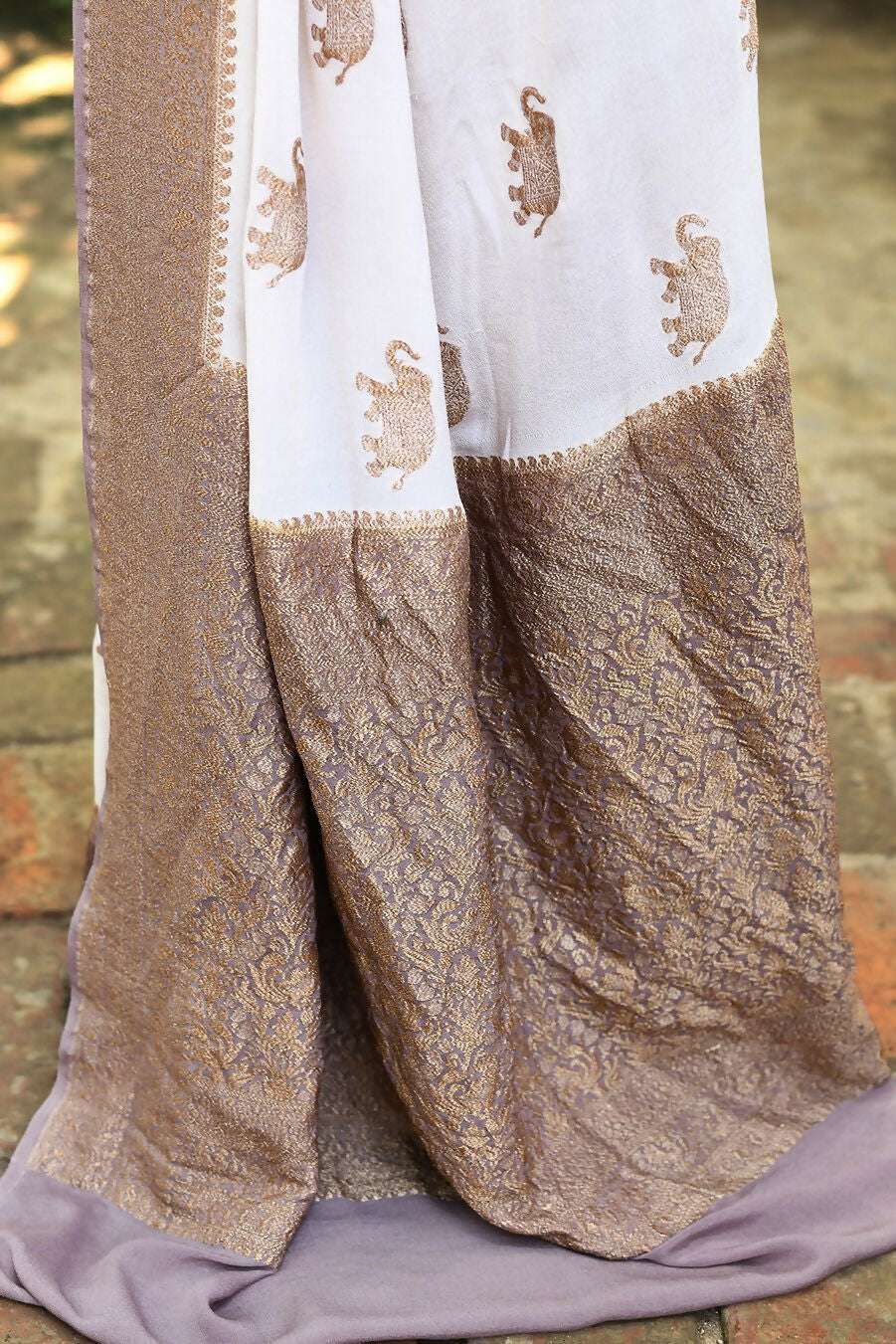 Ivory Crepe Chiffon Pure Handloom Banarasi Silk Saree