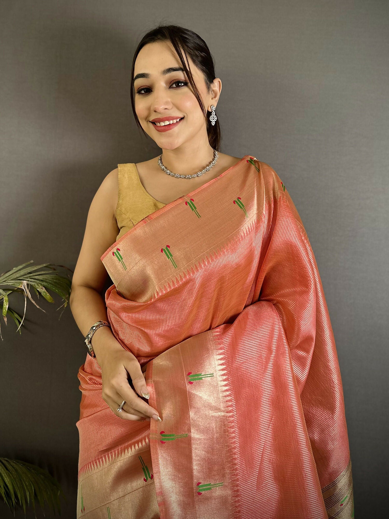 Light Orange Tissue Paithani Saree with Peacock and Floral Motifs