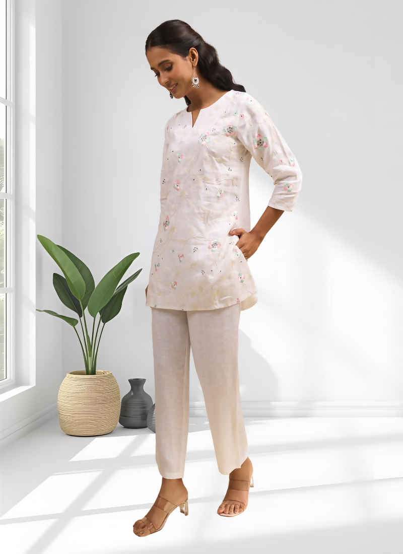 Off White Linen Embroidered Cord Set with Split V-Neck