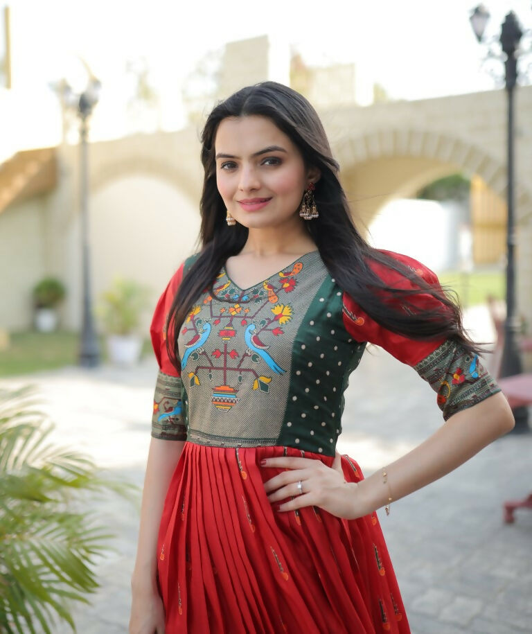 Women's Red Patola Foil Print Dola Silk Anarkali Dress