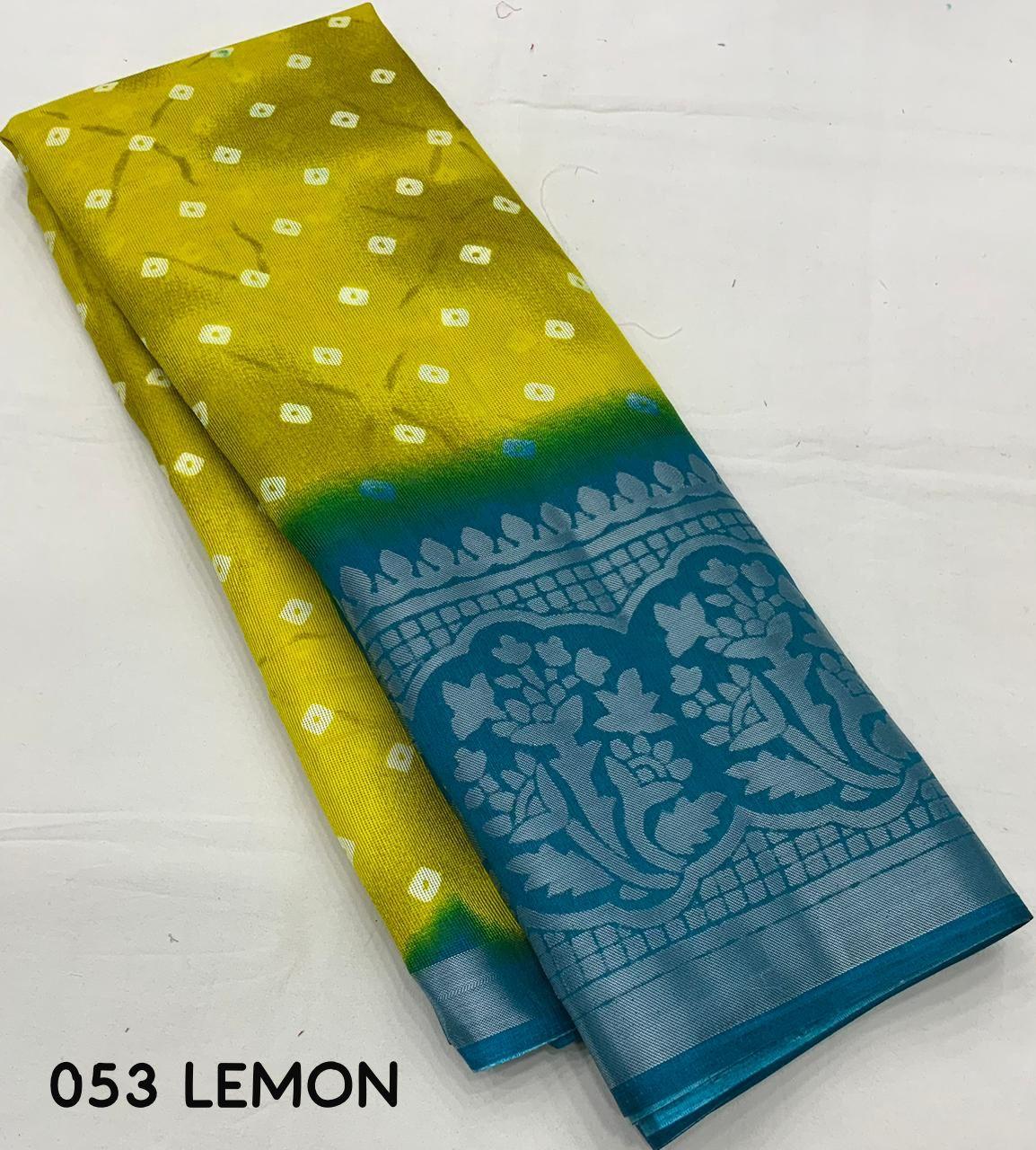 Lemon Jute Silk Printed Saree with Cut Broaso Border & Blouse