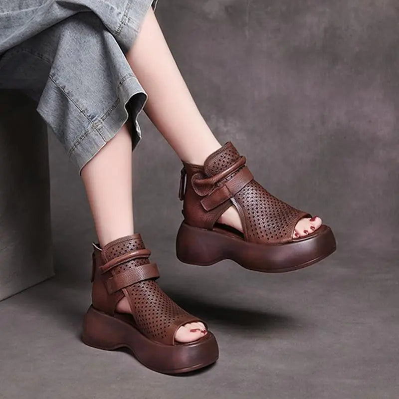 Women's High-Top Perforated Platform Sandals Retro Roman Style - Image 14
