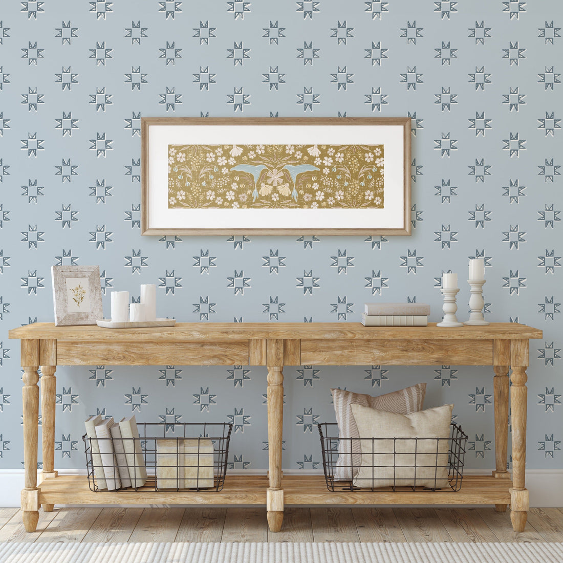 Iris geometric wallpaper with a modern blue and white color scheme