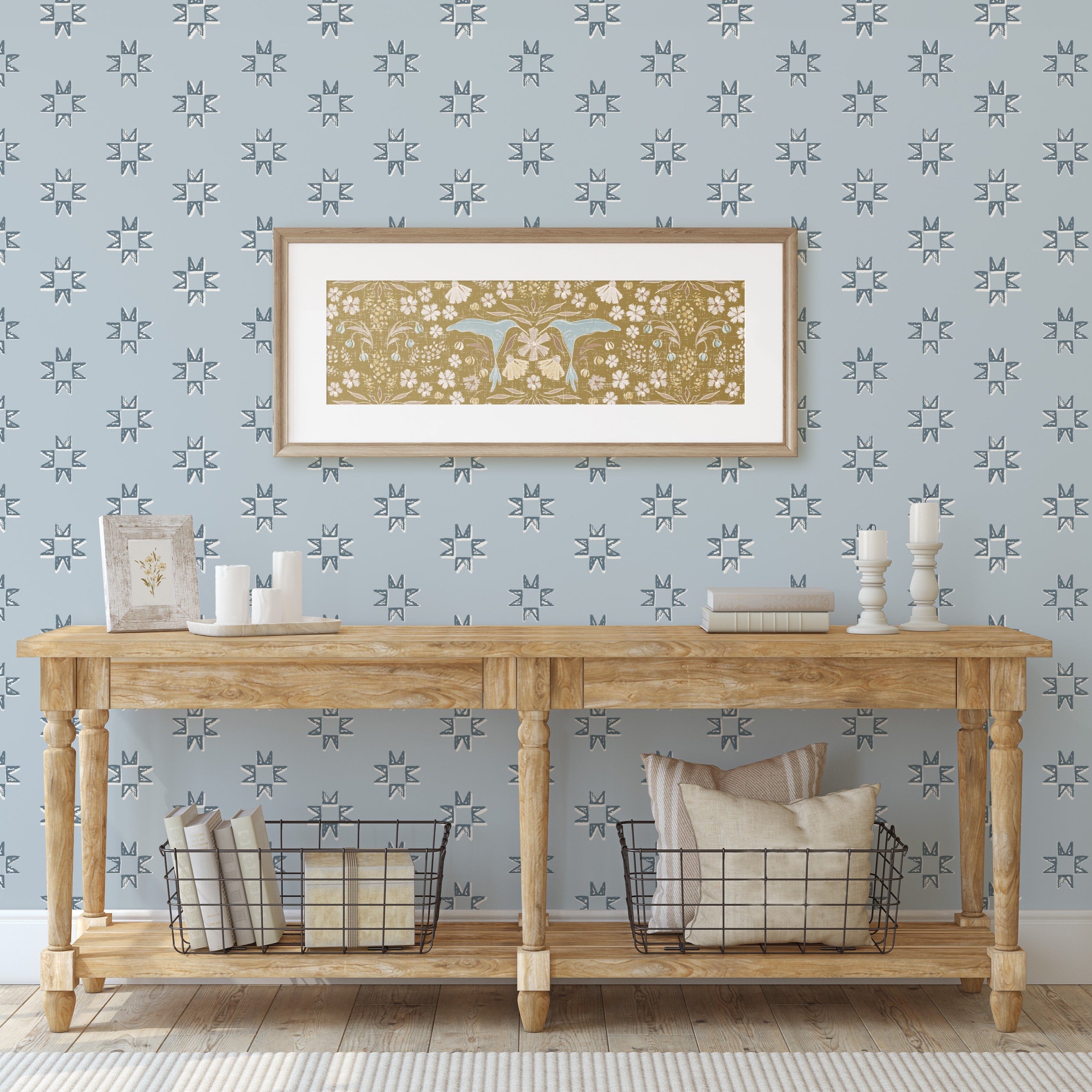 Iris geometric wallpaper with a modern blue and white color scheme