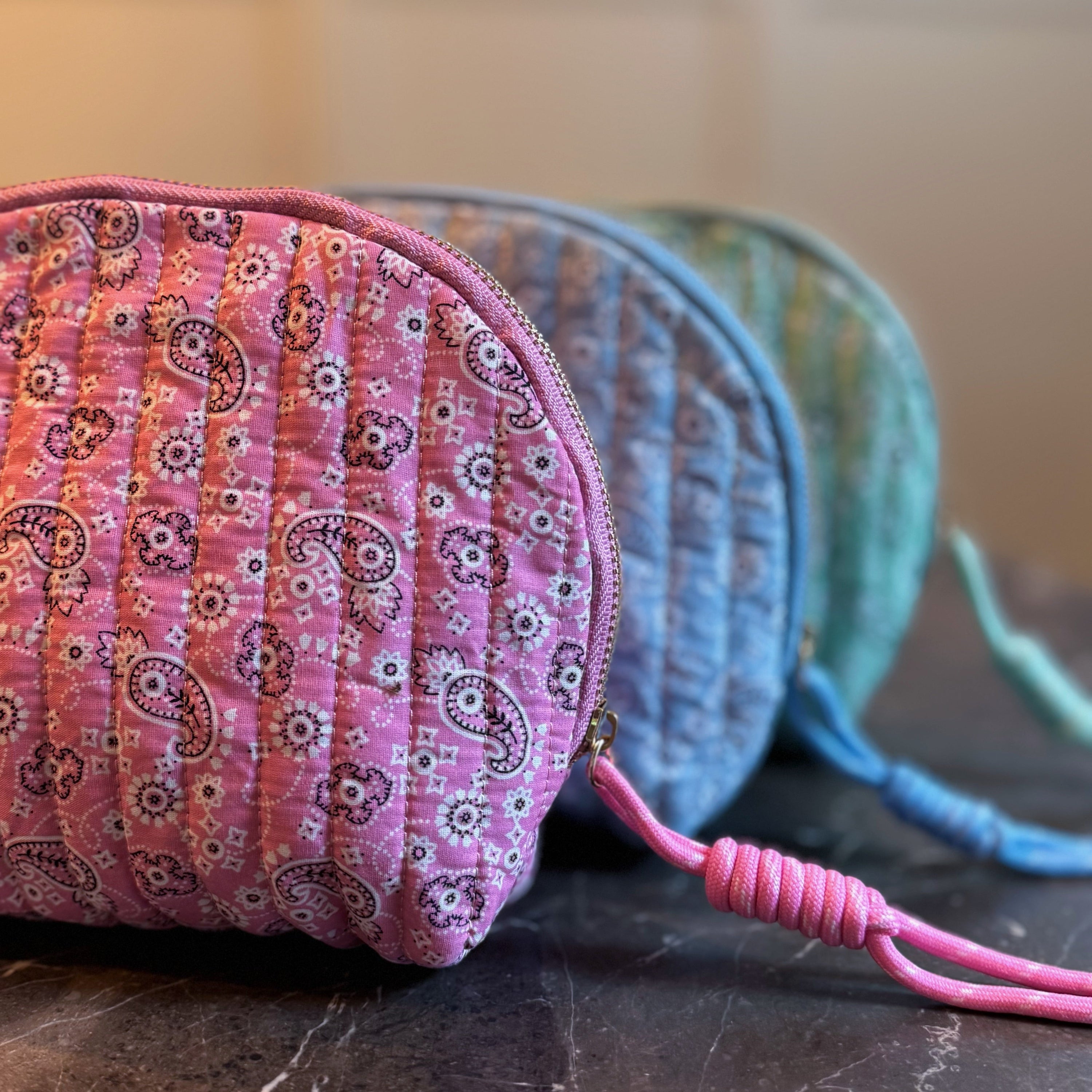 Quilted Paisley Cosmetic Case – Soft Curve Makeup Pouch in Pink, Blue, or Green Bandana Print