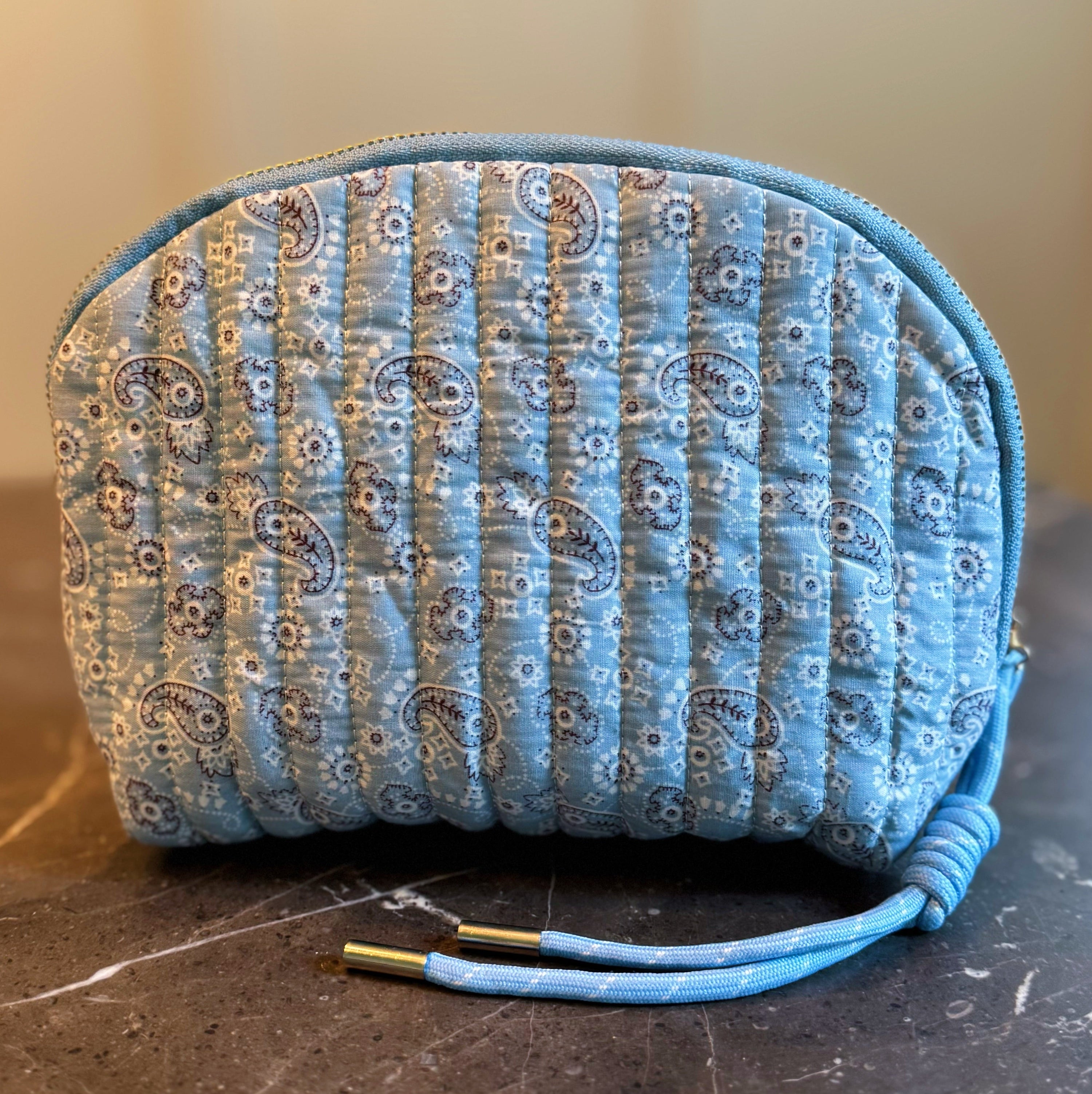 Quilted Paisley Cosmetic Case – Soft Curve Makeup Pouch in Pink, Blue, or Green Bandana Print