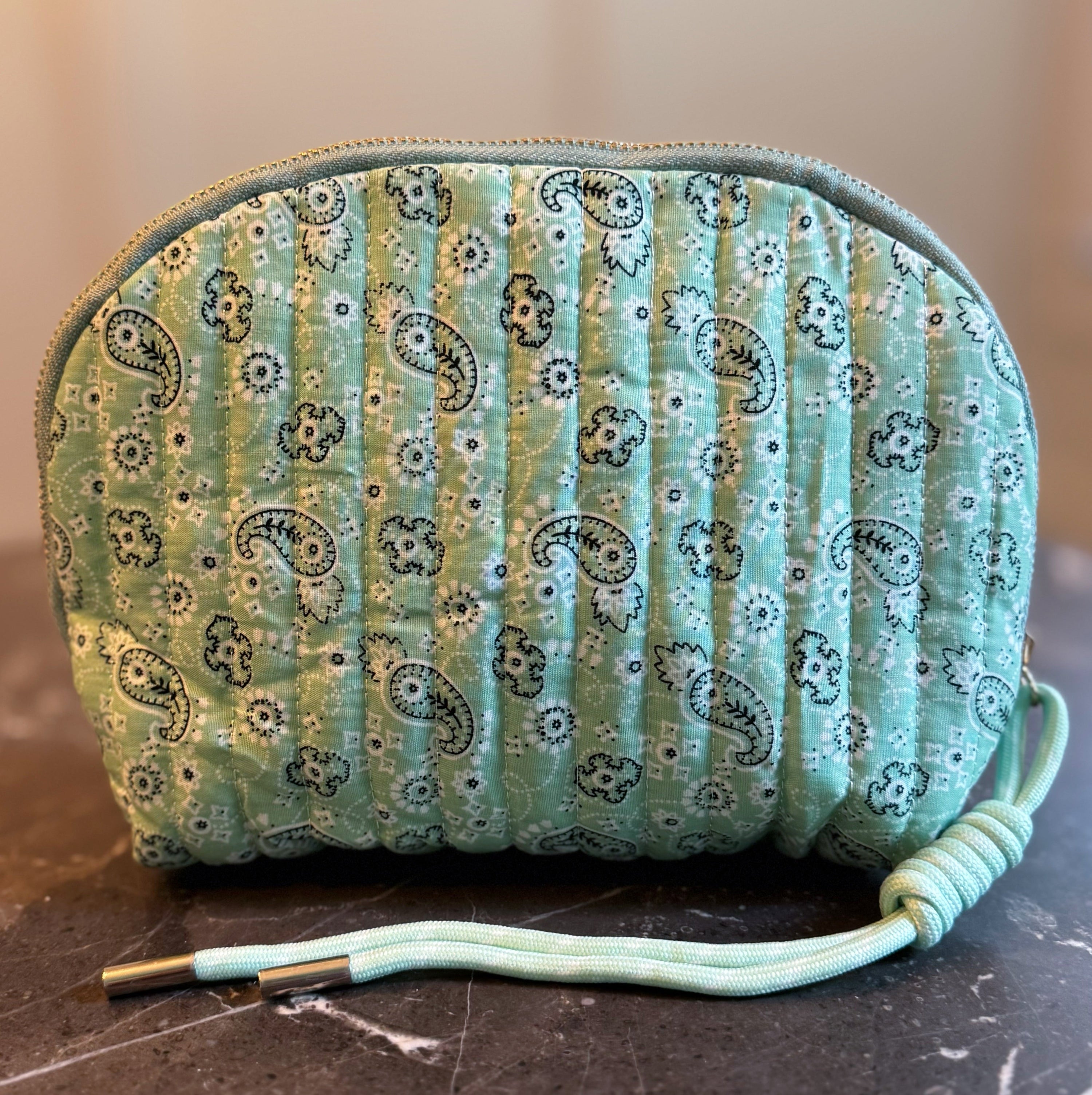 Quilted Paisley Cosmetic Case – Soft Curve Makeup Pouch in Pink, Blue, or Green Bandana Print